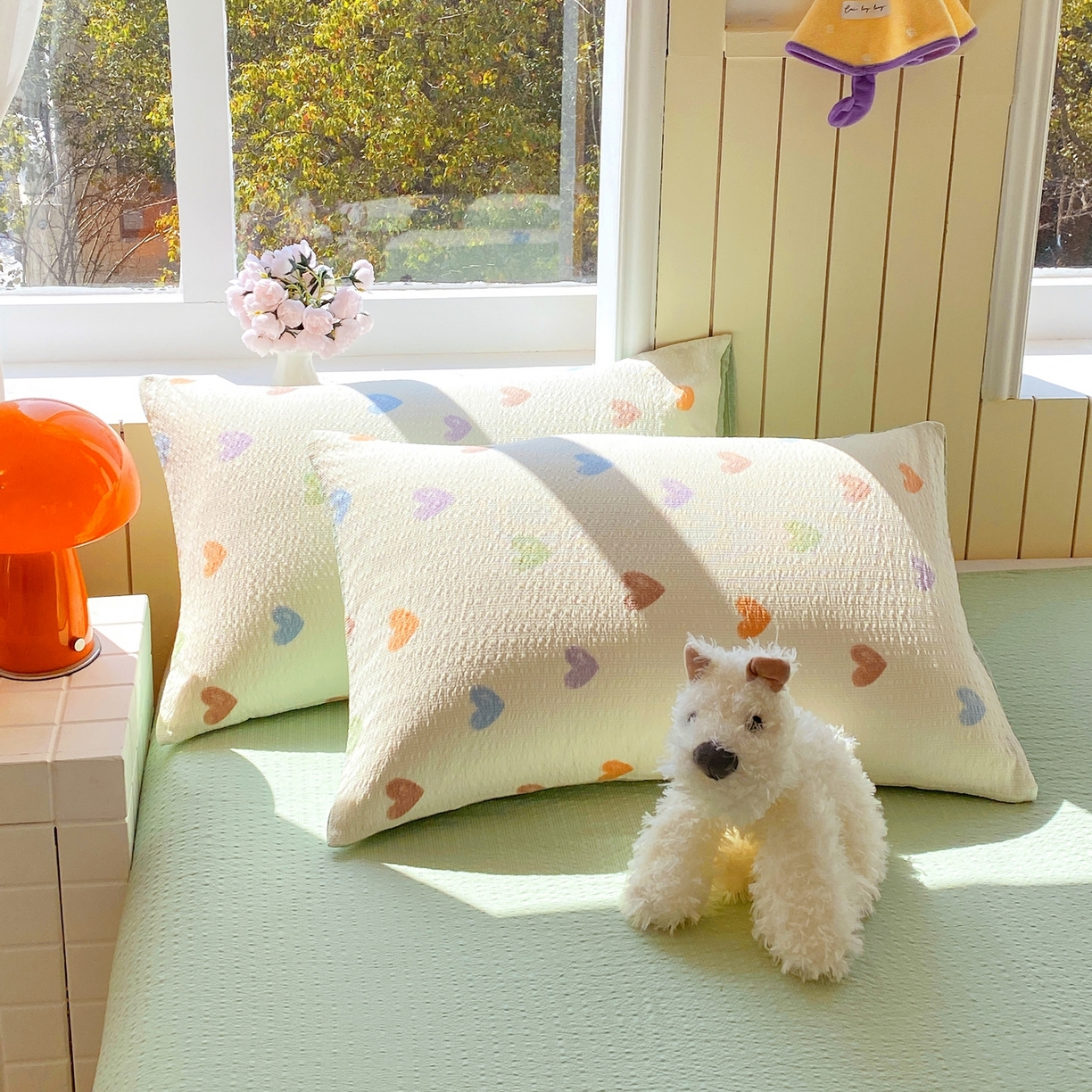 91家纺网 家纺一手货源 找家纺 爱橙家纺（原艾橙家纺） 2026春夏新款A类高品质110克超柔泡芙纱四件套 马卡龙爱心