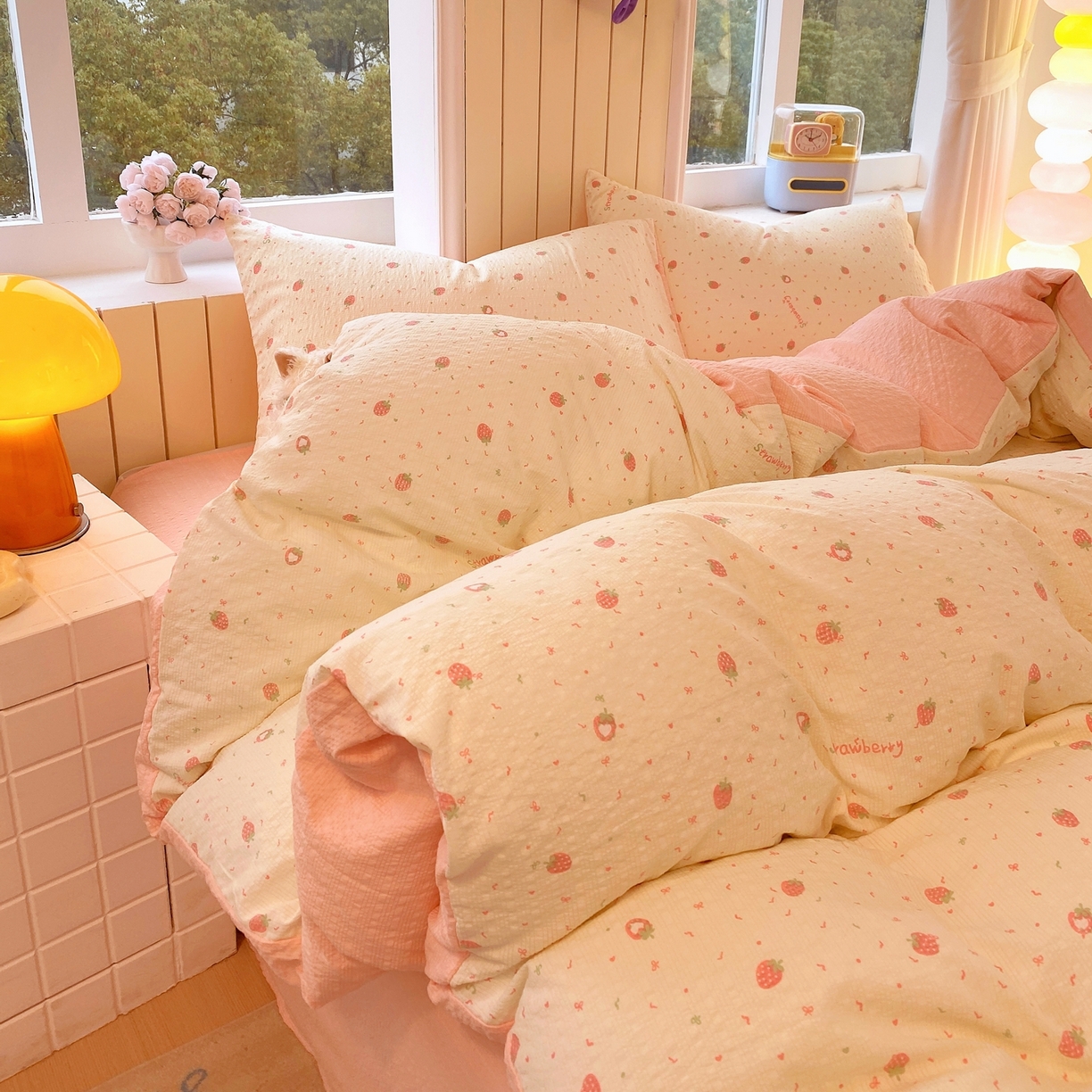 91家纺网 家纺一手货源 找家纺 爱橙家纺（原艾橙家纺） 2026春夏新款A类高品质110克超柔泡芙纱四件套 美莓果