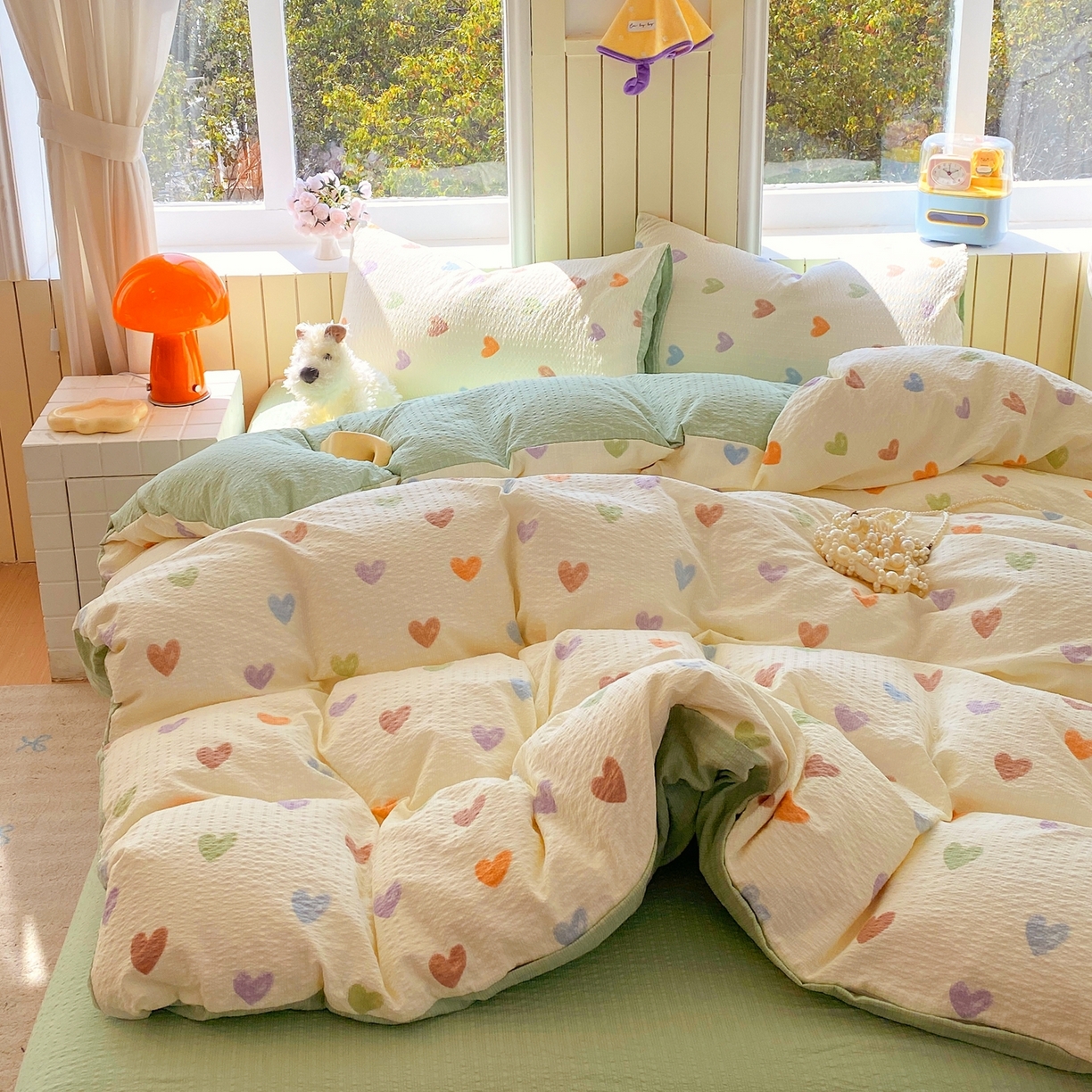 91家纺网 家纺一手货源 找家纺 爱橙家纺（原艾橙家纺） 2026春夏新款A类高品质110克超柔泡芙纱四件套 马卡龙爱心