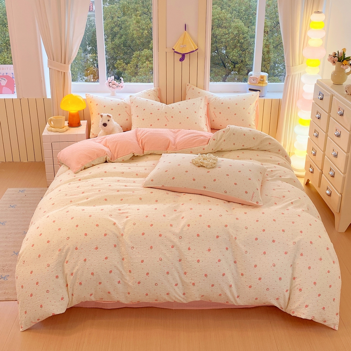 91家纺网 家纺一手货源 找家纺 爱橙家纺（原艾橙家纺） 2026春夏新款A类高品质110克超柔泡芙纱四件套 美莓果