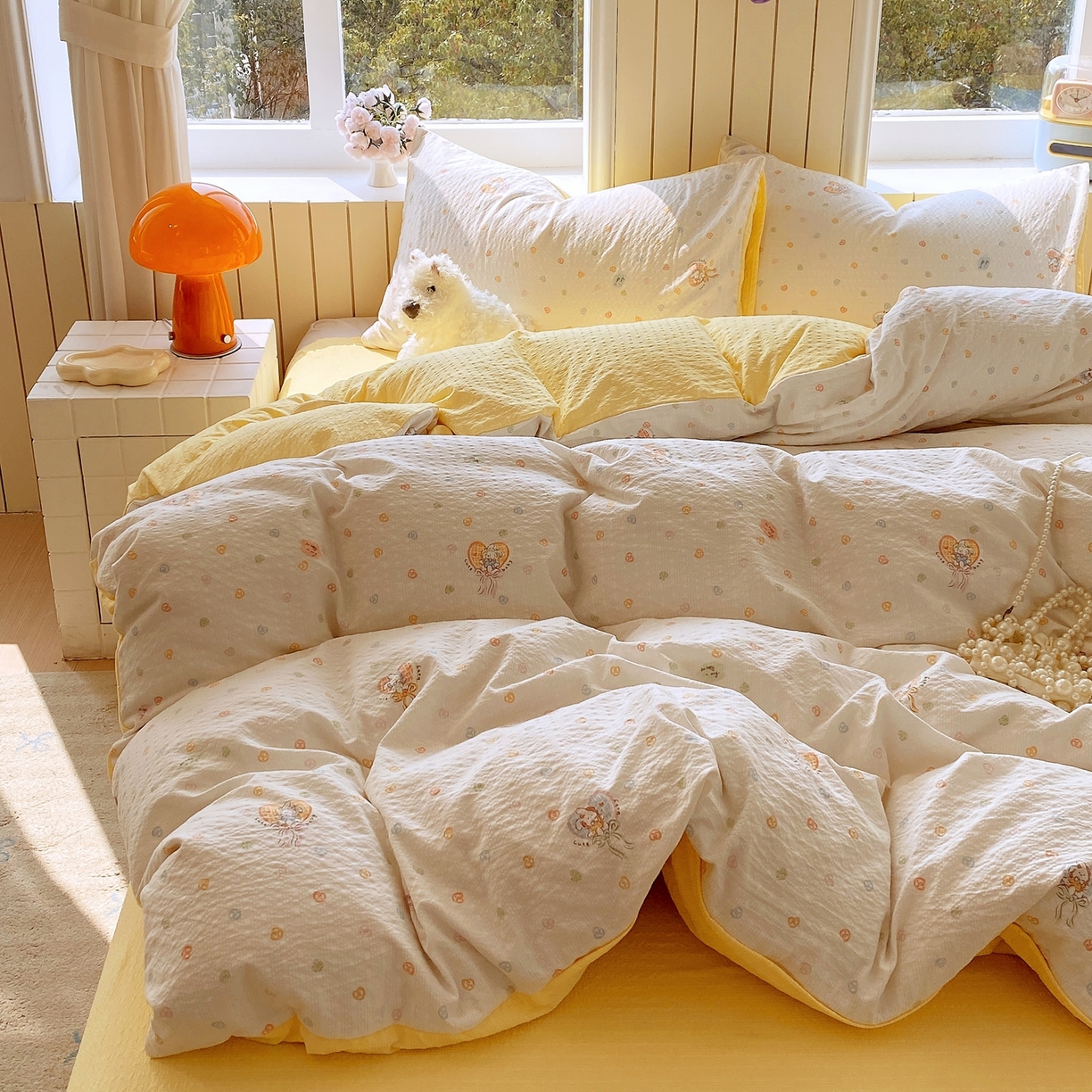 91家纺网 家纺一手货源 找家纺 爱橙家纺（原艾橙家纺） 2026春夏新款A类高品质110克超柔泡芙纱四件套 暖心兔