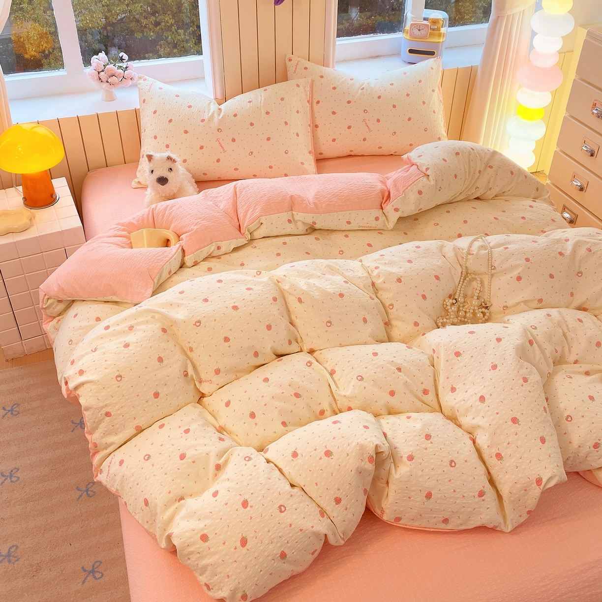 91家纺网 家纺一手货源 找家纺 爱橙家纺（原艾橙家纺） 2026春夏新款A类高品质110克超柔泡芙纱四件套 美莓果