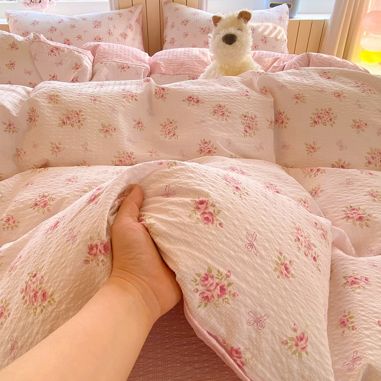 91家纺网 家纺一手货源 找家纺 爱橙家纺（原艾橙家纺） 2026春夏新款A类高品质110克超柔泡芙纱四件套 絮朵