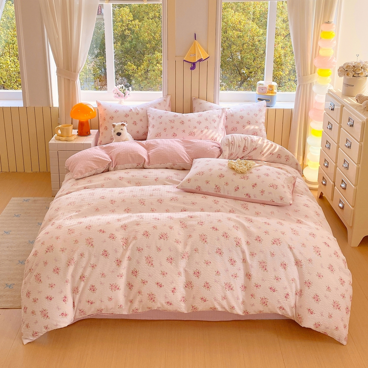 91家纺网 家纺一手货源 找家纺 爱橙家纺（原艾橙家纺） 2026春夏新款A类高品质110克超柔泡芙纱四件套 絮朵