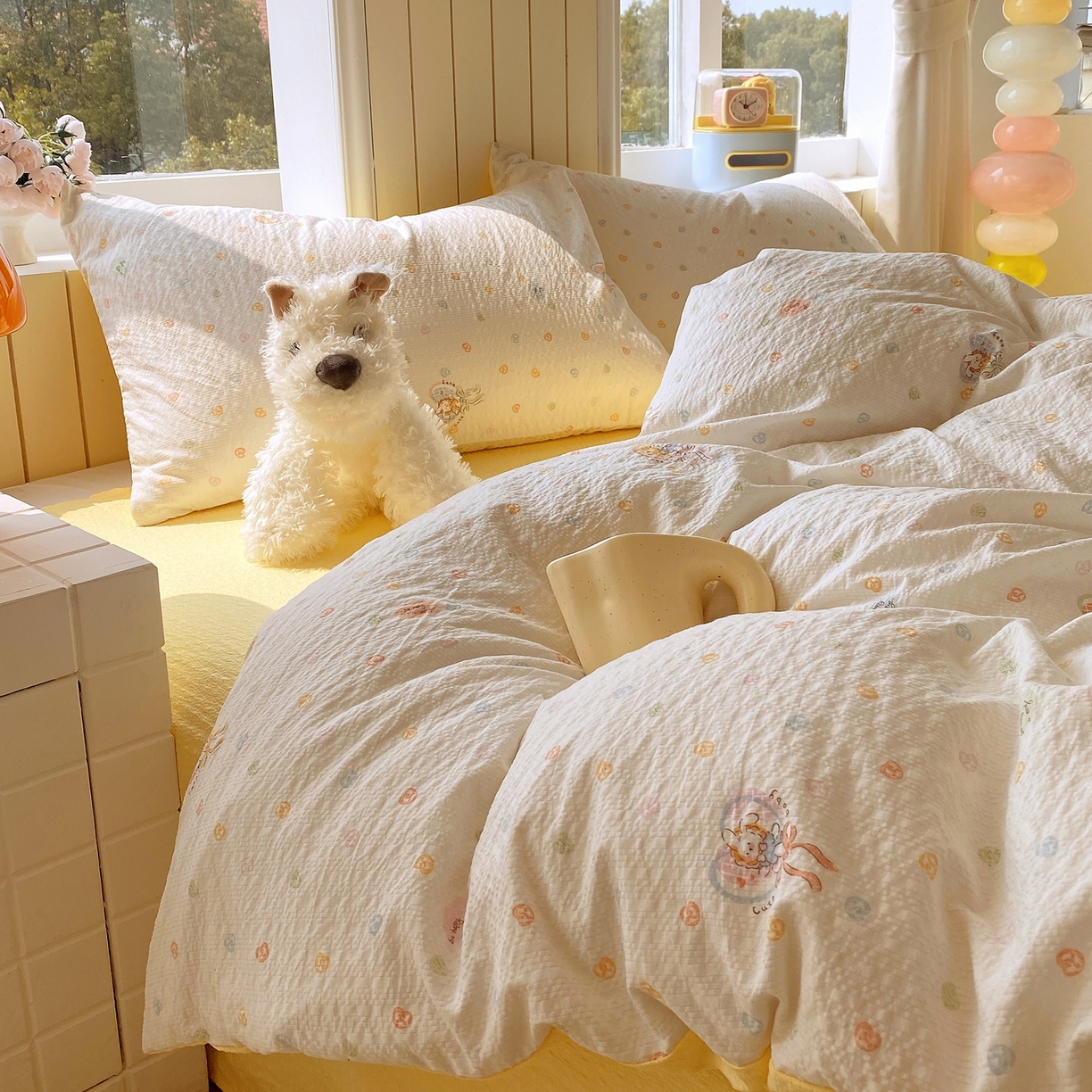 91家纺网 家纺一手货源 找家纺 爱橙家纺（原艾橙家纺） 2026春夏新款A类高品质110克超柔泡芙纱四件套 暖心兔