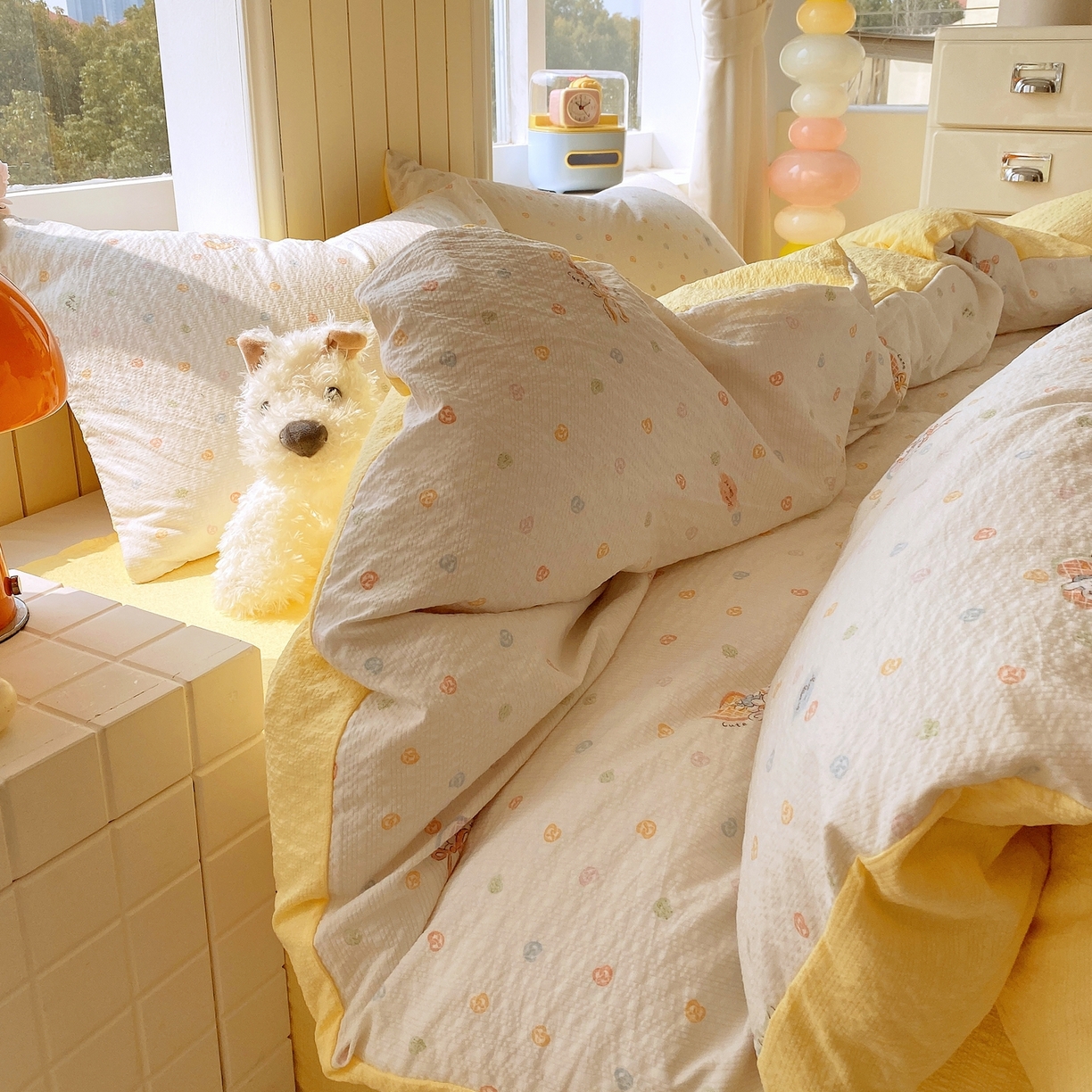 91家纺网 家纺一手货源 找家纺 爱橙家纺（原艾橙家纺） 2026春夏新款A类高品质110克超柔泡芙纱四件套 暖心兔