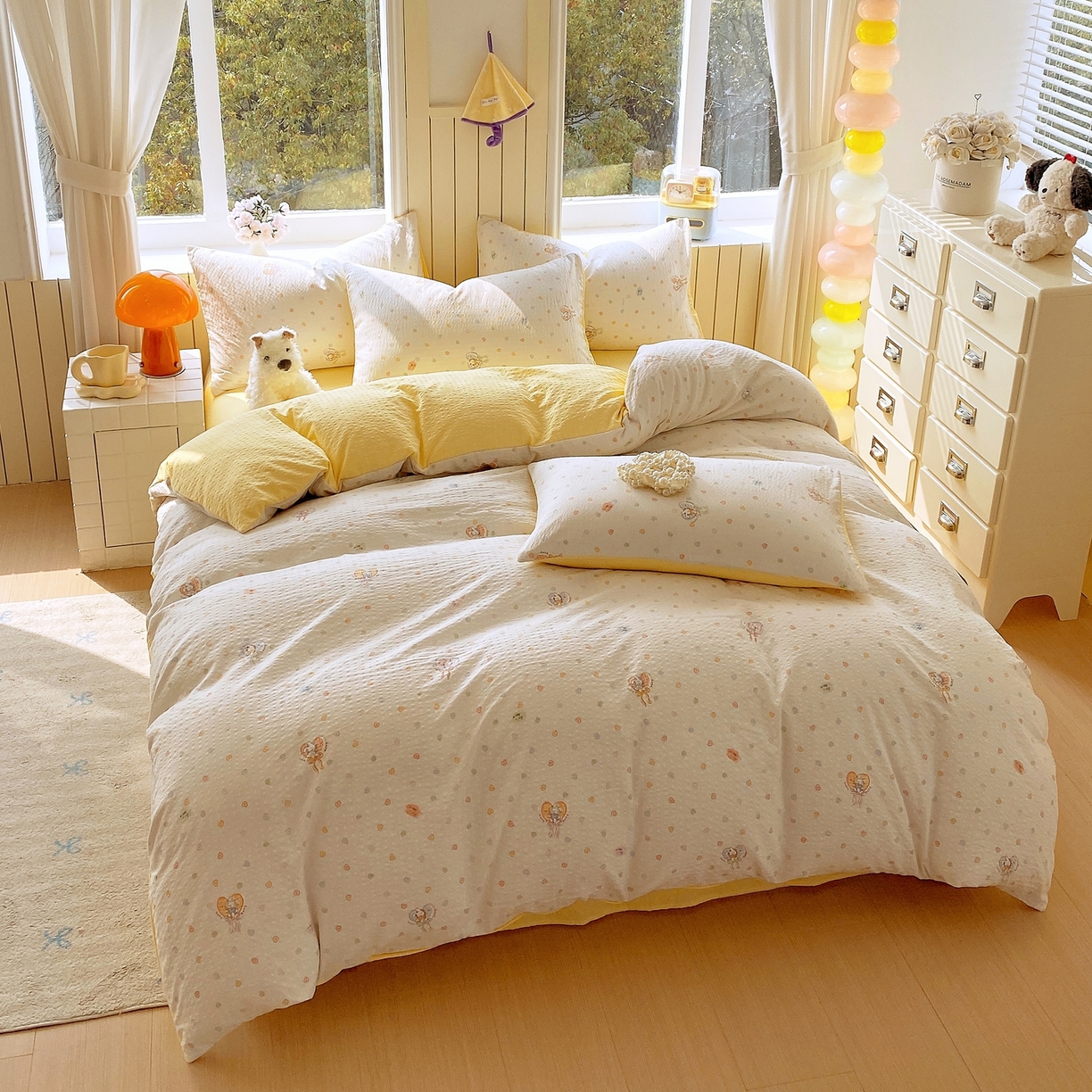 91家纺网 家纺一手货源 找家纺 爱橙家纺（原艾橙家纺） 2026春夏新款A类高品质110克超柔泡芙纱四件套 暖心兔