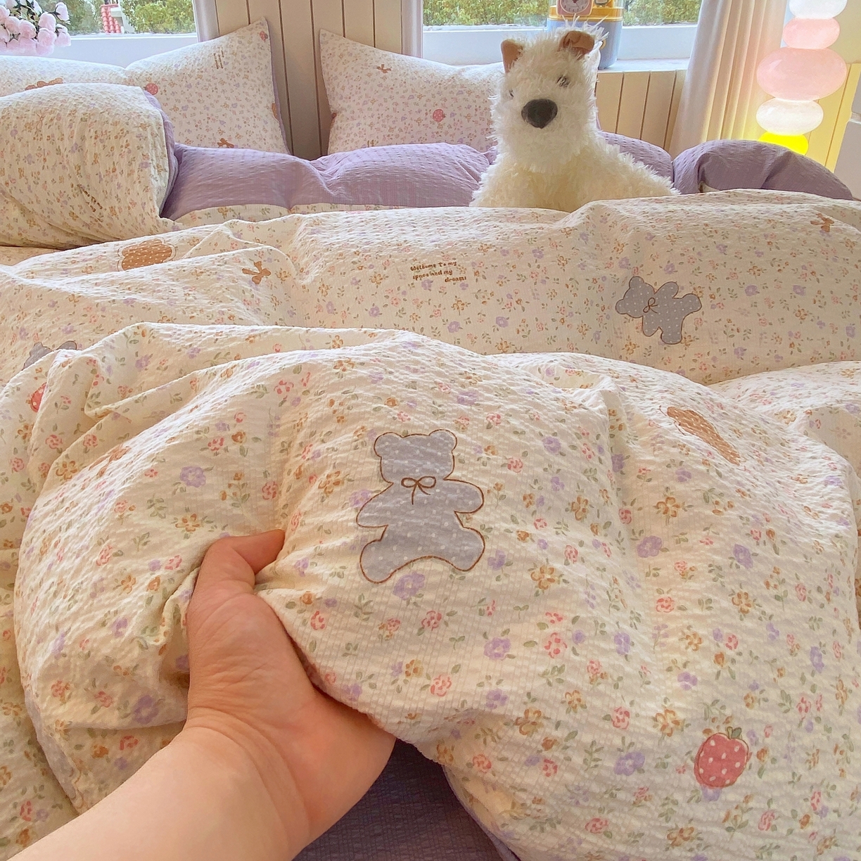 91家纺网 家纺一手货源 找家纺 爱橙家纺（原艾橙家纺） 2026春夏新款A类高品质110克超柔泡芙纱四件套 曲奇小熊