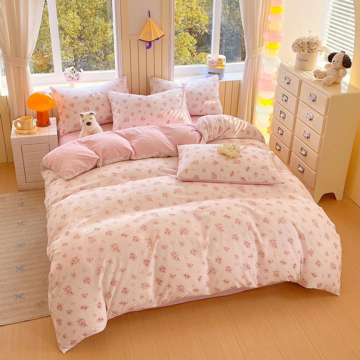 91家纺网 家纺一手货源 找家纺 爱橙家纺（原艾橙家纺） 2026春夏新款A类高品质110克超柔泡芙纱四件套 絮朵