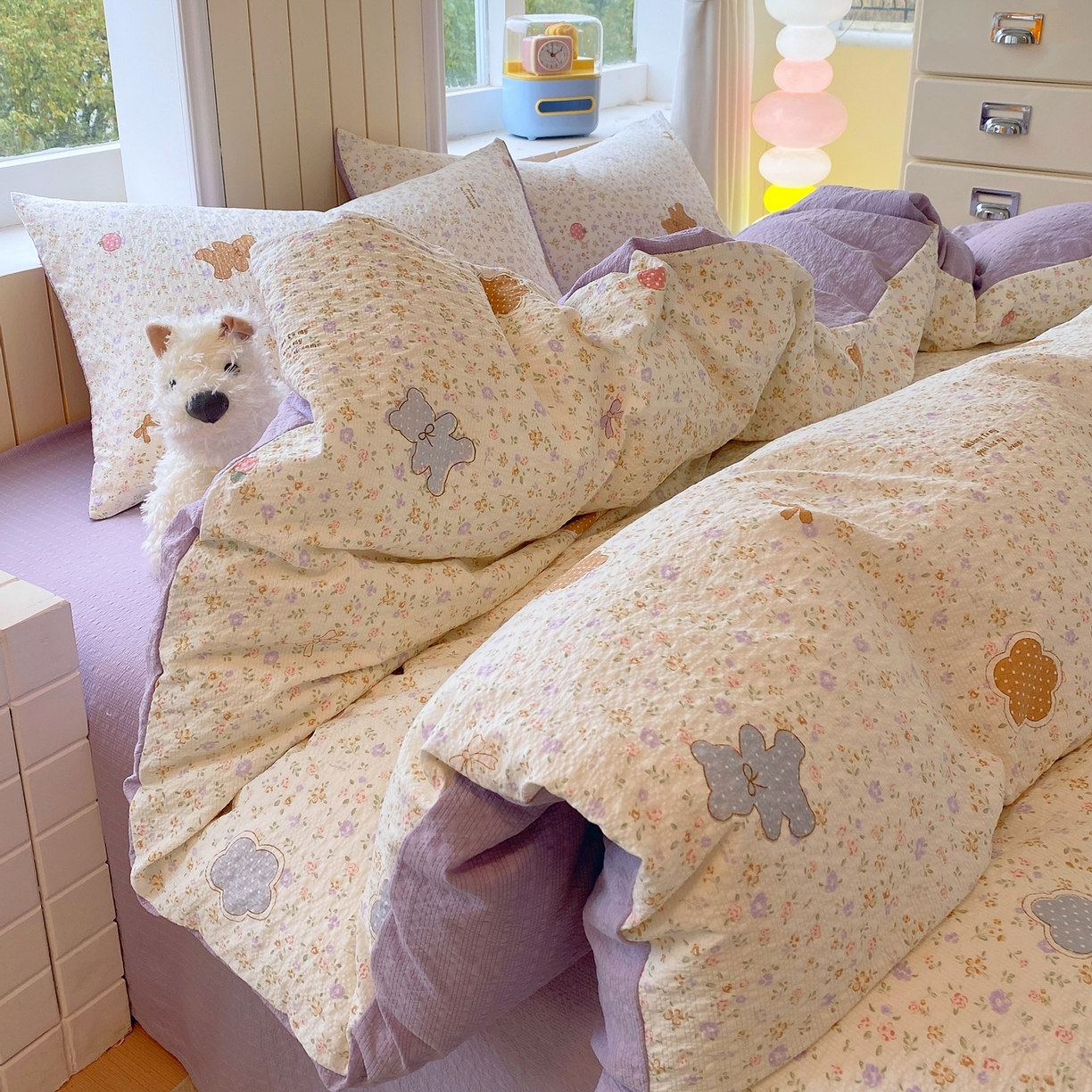 91家纺网 家纺一手货源 找家纺 爱橙家纺（原艾橙家纺） 2026春夏新款A类高品质110克超柔泡芙纱四件套 曲奇小熊