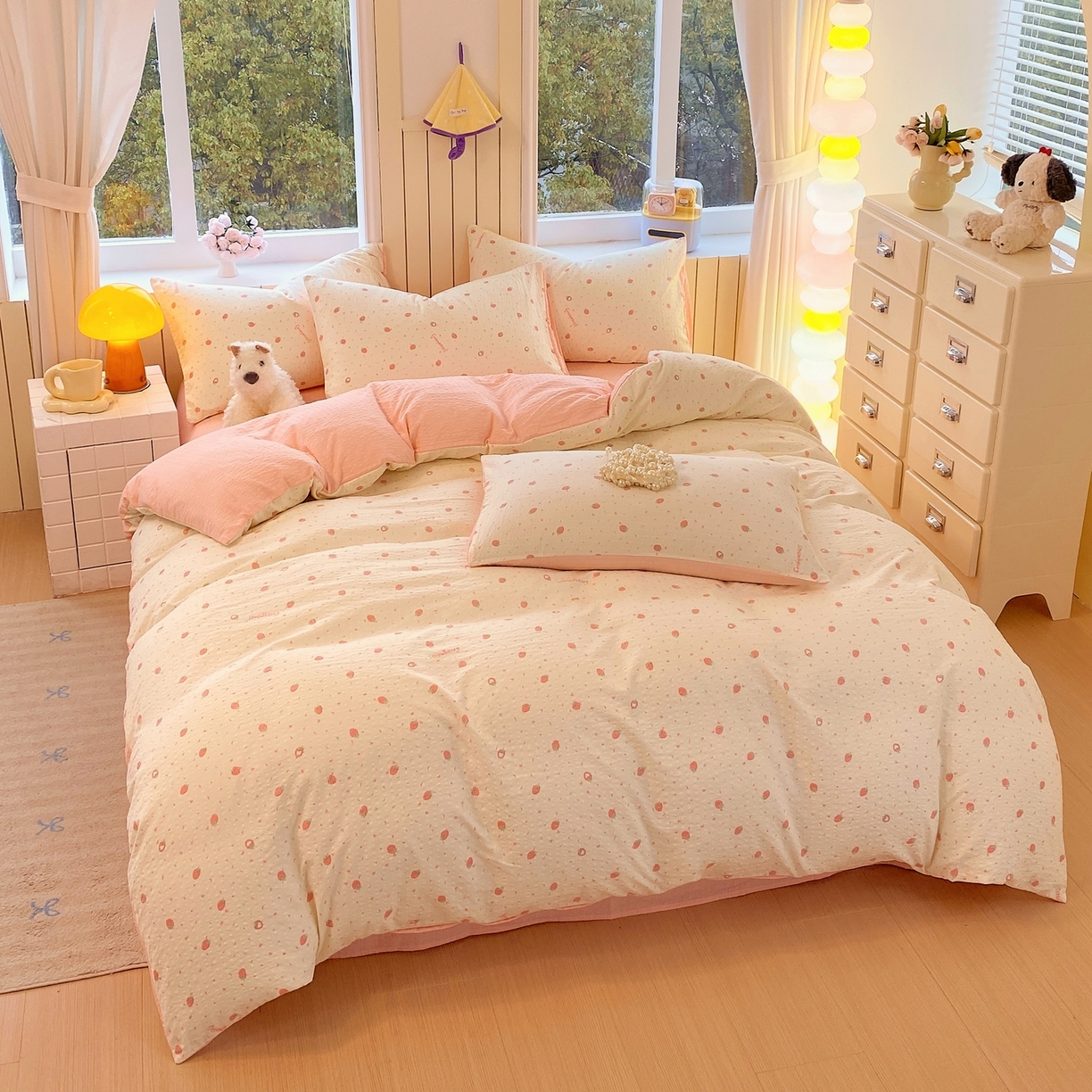 91家纺网 家纺一手货源 找家纺 爱橙家纺（原艾橙家纺） 2026春夏新款A类高品质110克超柔泡芙纱四件套 美莓果