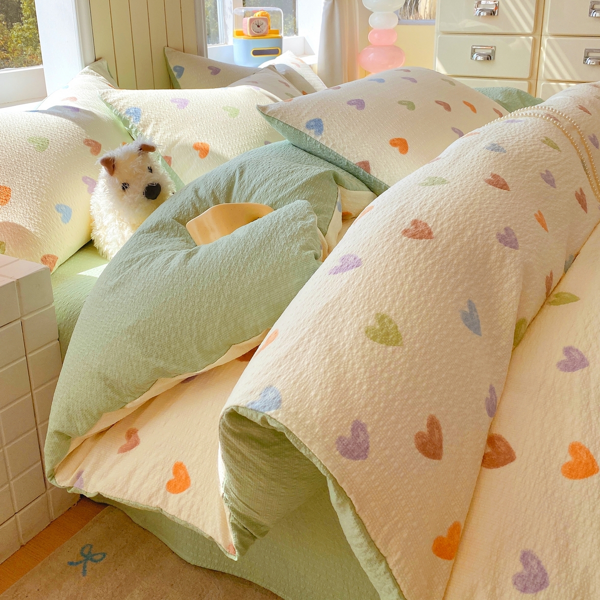 爱橙家纺（原艾橙家纺） 2026春夏新款A类高品质110克超柔泡芙纱四件套 马卡龙爱心