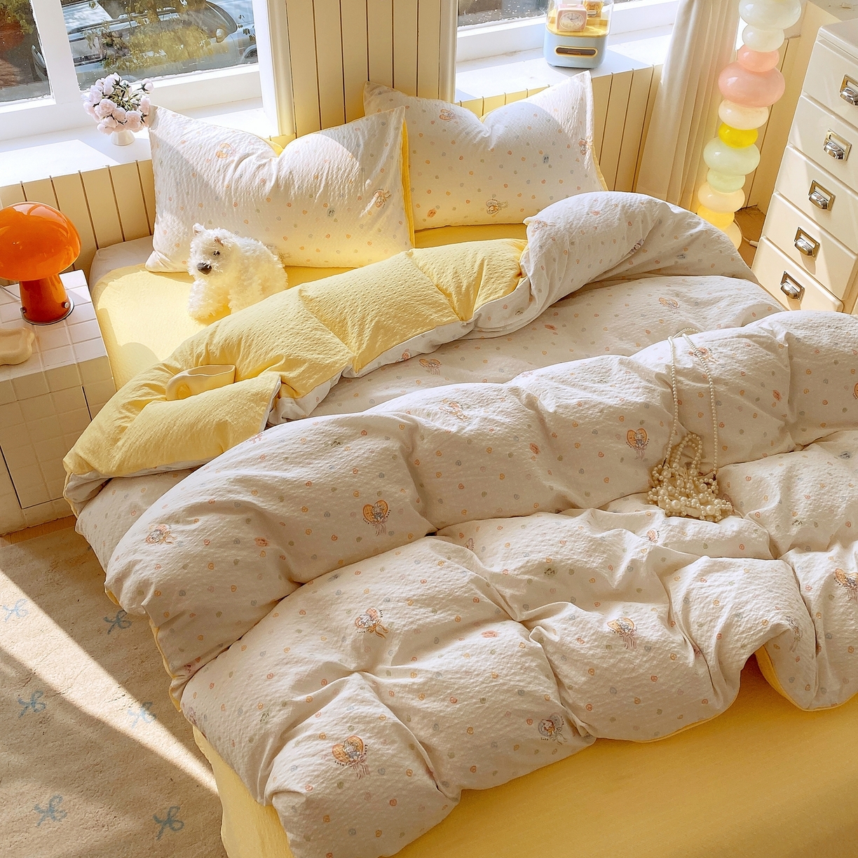 91家纺网 家纺一手货源 找家纺 爱橙家纺（原艾橙家纺） 2026春夏新款A类高品质110克超柔泡芙纱四件套 暖心兔