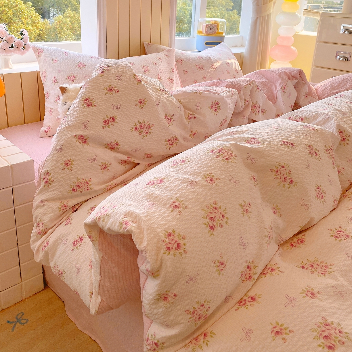 91家纺网 家纺一手货源 找家纺 爱橙家纺（原艾橙家纺） 2026春夏新款A类高品质110克超柔泡芙纱四件套 絮朵