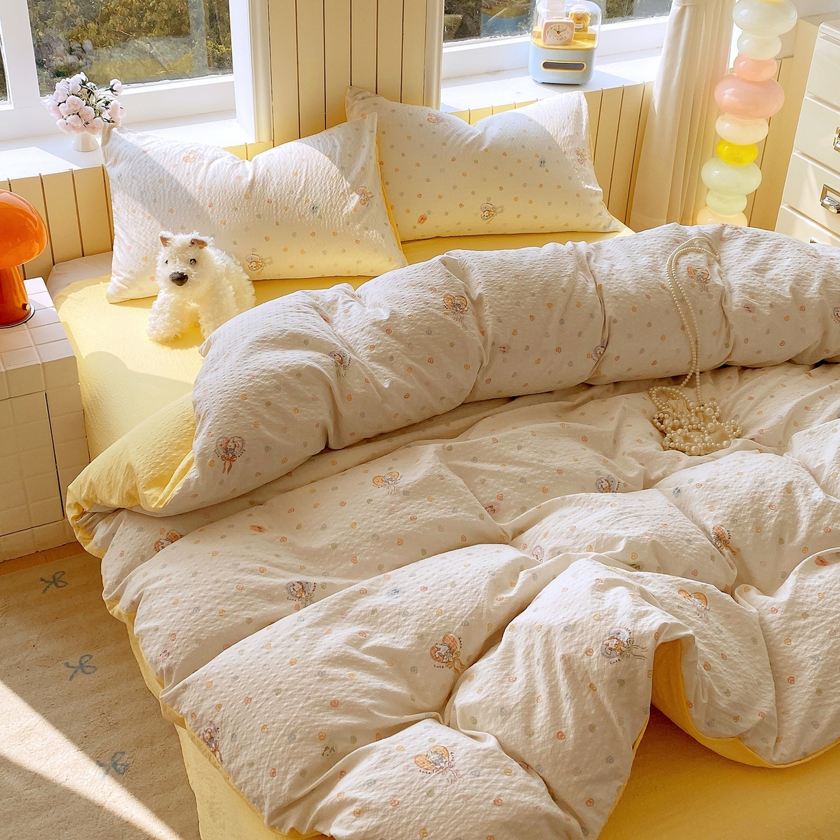 91家纺网 家纺一手货源 找家纺 爱橙家纺（原艾橙家纺） 2026春夏新款A类高品质110克超柔泡芙纱四件套 暖心兔