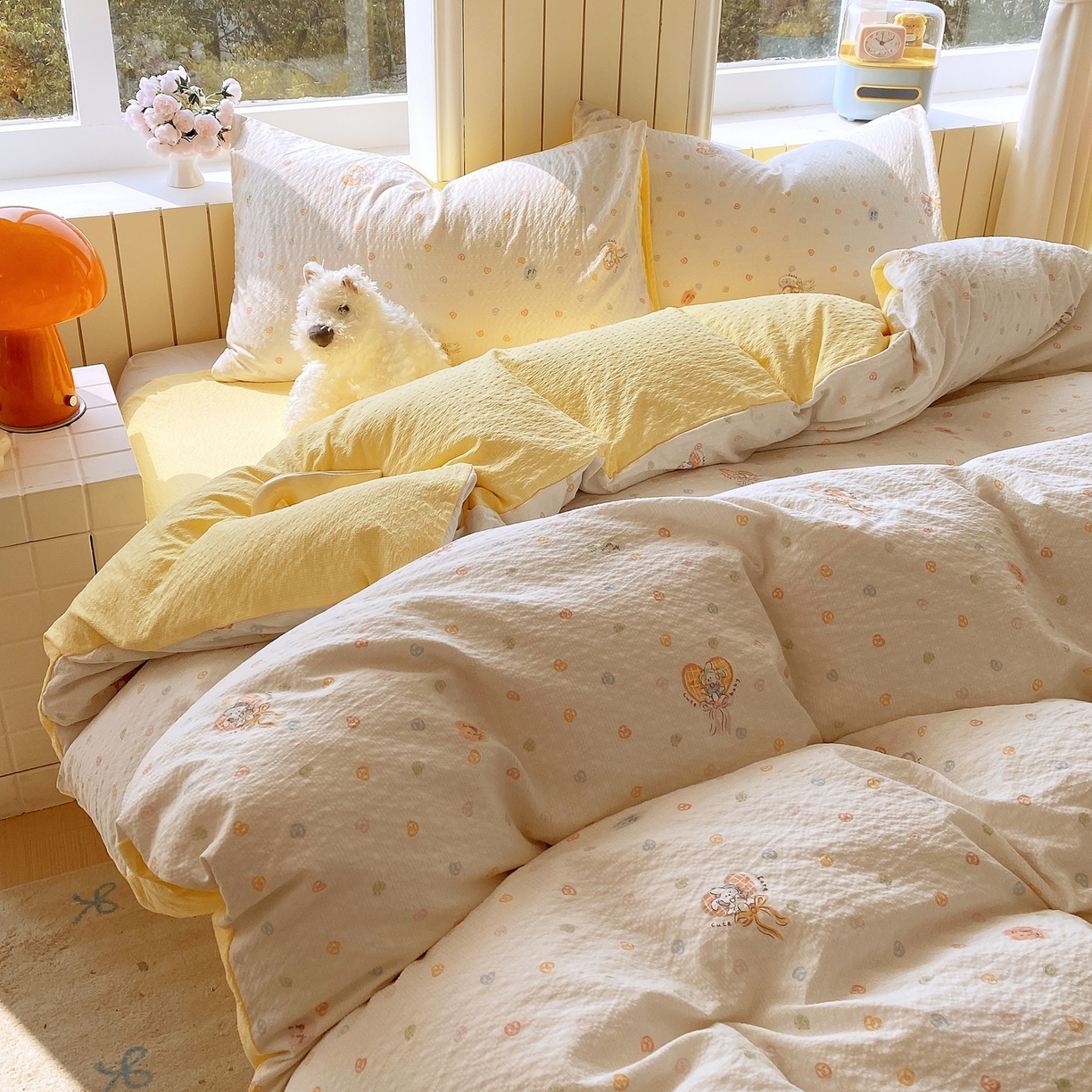 91家纺网 家纺一手货源 找家纺 爱橙家纺（原艾橙家纺） 2026春夏新款A类高品质110克超柔泡芙纱四件套 暖心兔