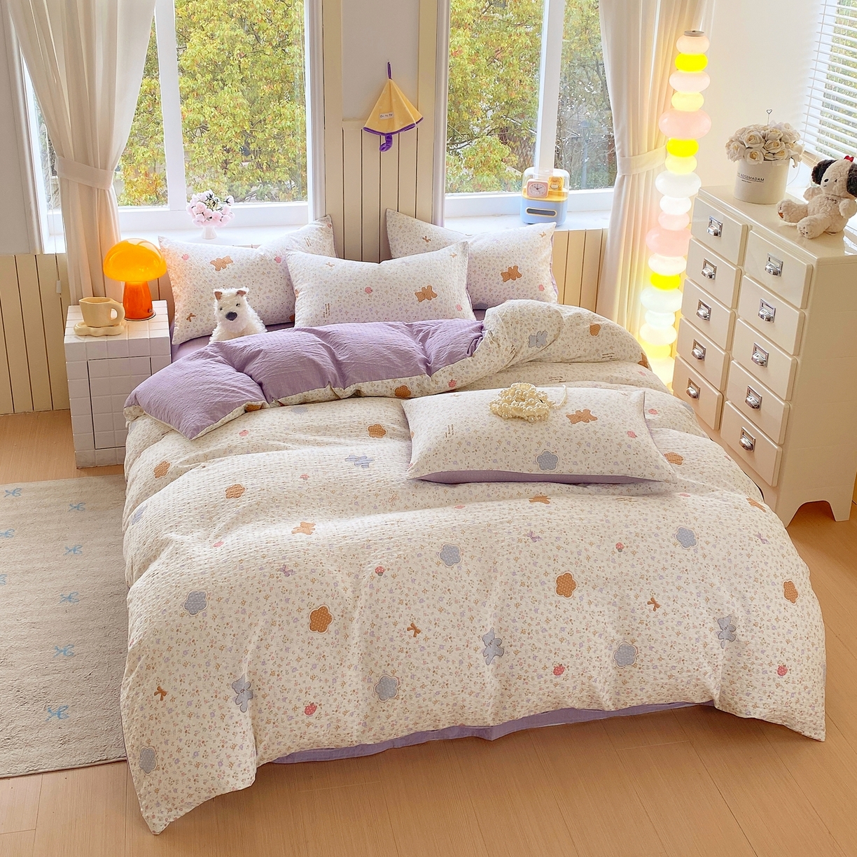 91家纺网 家纺一手货源 找家纺 爱橙家纺（原艾橙家纺） 2026春夏新款A类高品质110克超柔泡芙纱四件套 曲奇小熊