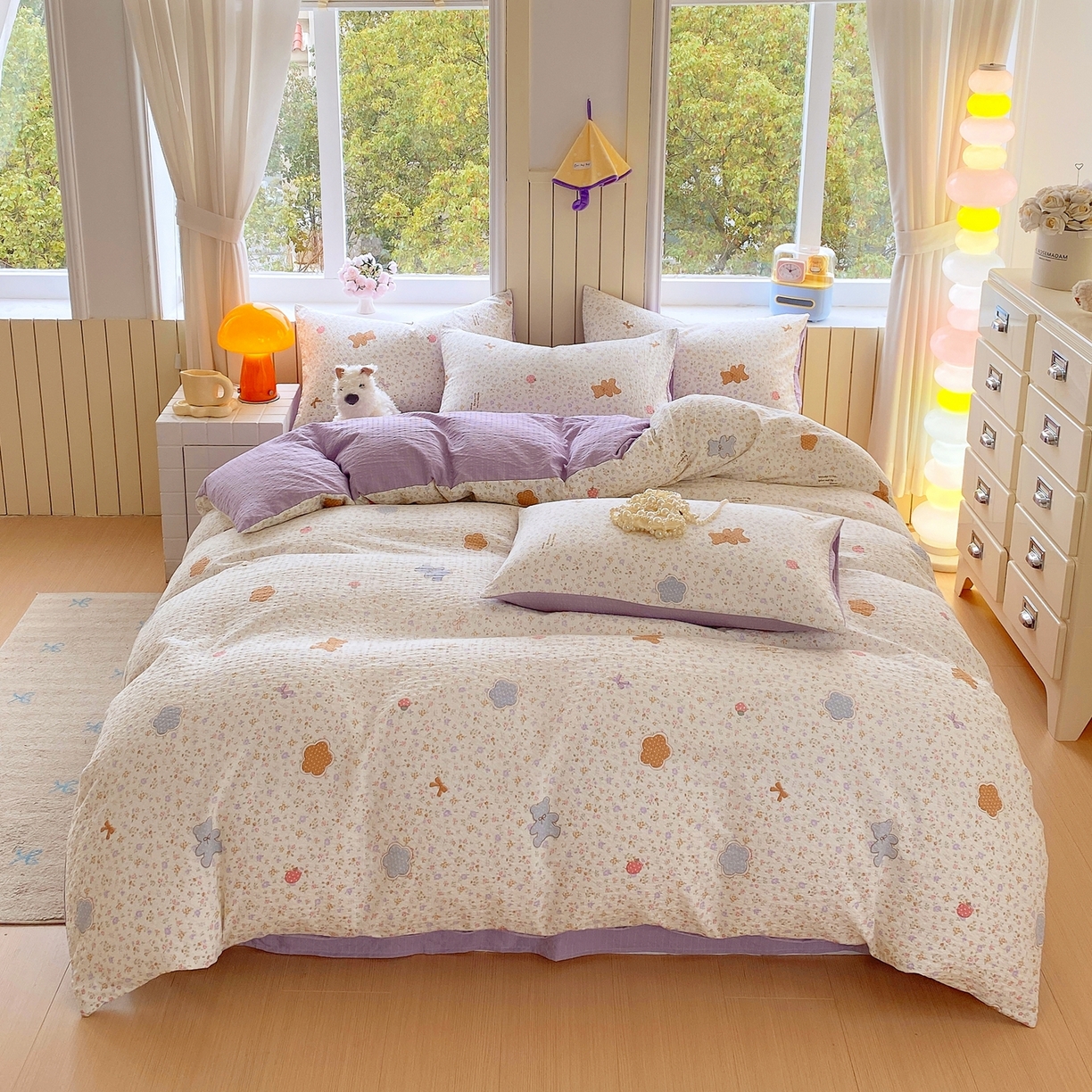 91家纺网 家纺一手货源 找家纺 爱橙家纺（原艾橙家纺） 2026春夏新款A类高品质110克超柔泡芙纱四件套 曲奇小熊