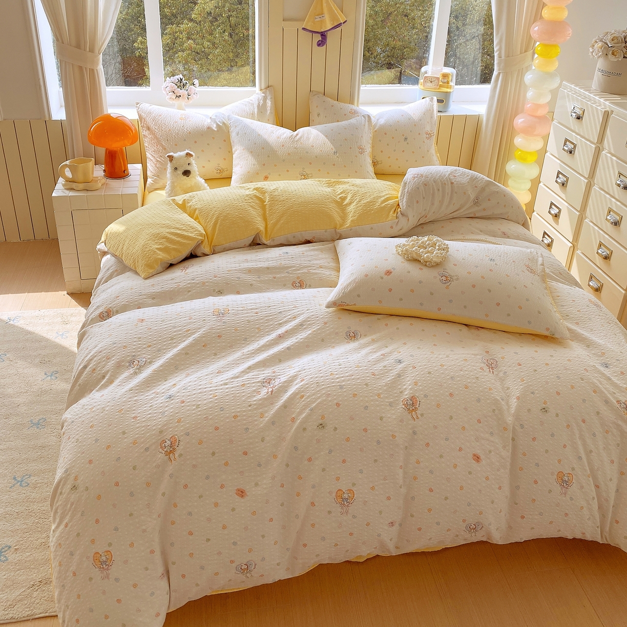 91家纺网 家纺一手货源 找家纺 爱橙家纺（原艾橙家纺） 2026春夏新款A类高品质110克超柔泡芙纱四件套 暖心兔