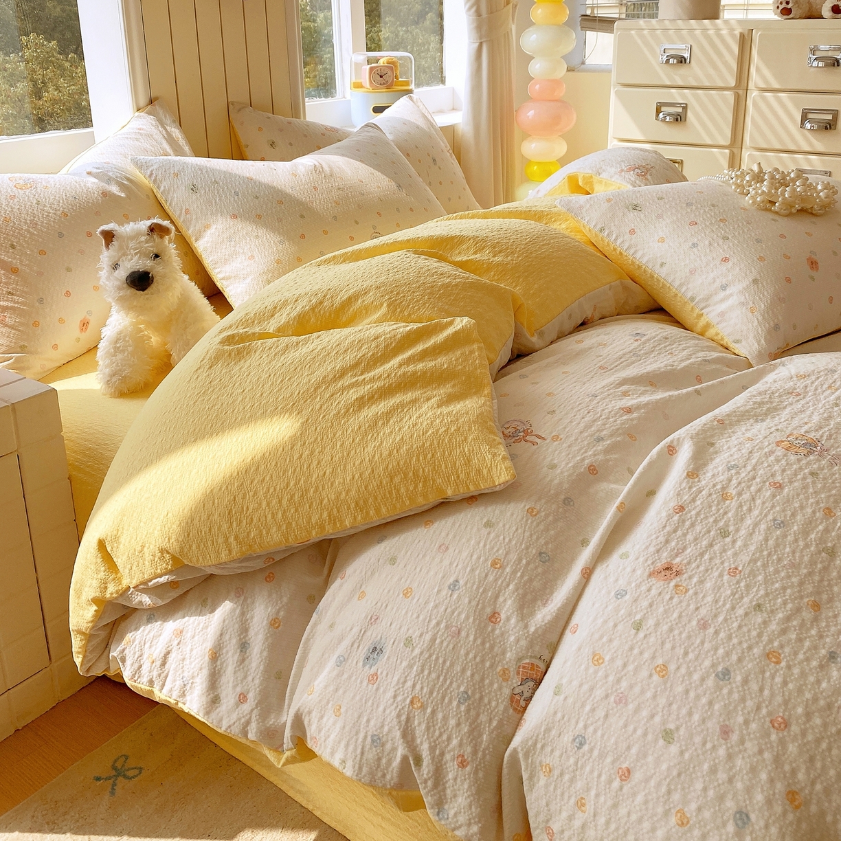 91家纺网 家纺一手货源 找家纺 爱橙家纺（原艾橙家纺） 2026春夏新款A类高品质110克超柔泡芙纱四件套 暖心兔