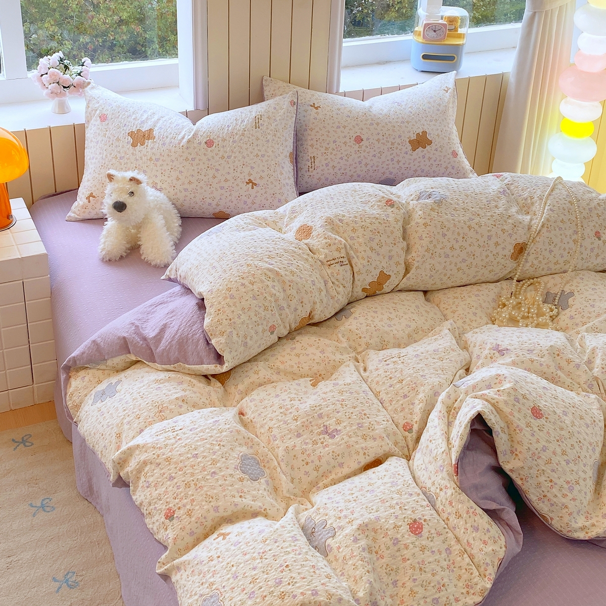 91家纺网 家纺一手货源 找家纺 爱橙家纺（原艾橙家纺） 2026春夏新款A类高品质110克超柔泡芙纱四件套 曲奇小熊