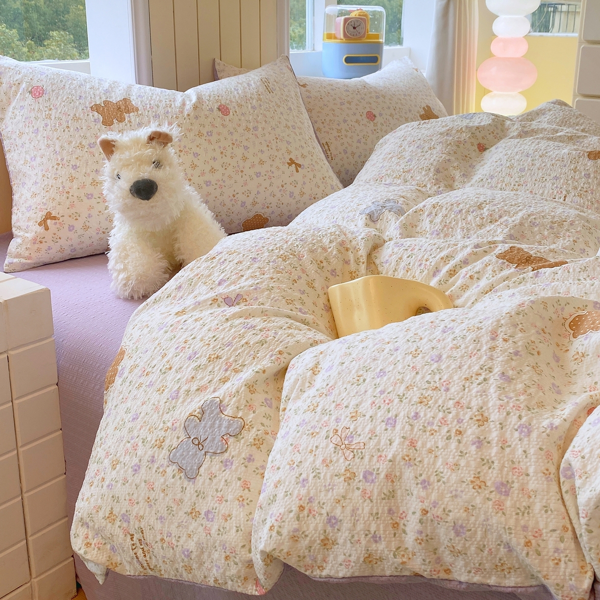 91家纺网 家纺一手货源 找家纺 爱橙家纺（原艾橙家纺） 2026春夏新款A类高品质110克超柔泡芙纱四件套 曲奇小熊