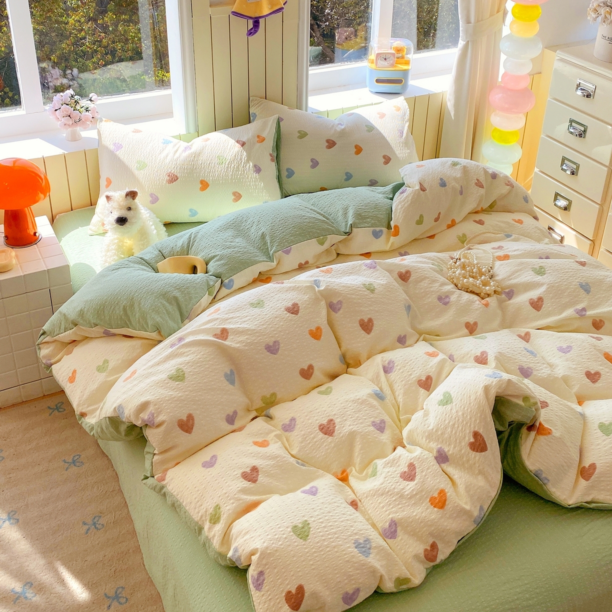 91家纺网 家纺一手货源 找家纺 爱橙家纺（原艾橙家纺） 2026春夏新款A类高品质110克超柔泡芙纱四件套 马卡龙爱心