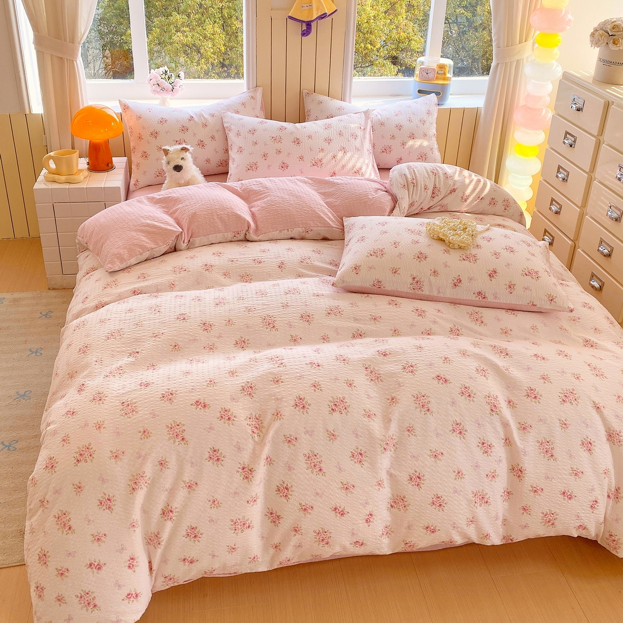 91家纺网 家纺一手货源 找家纺 爱橙家纺（原艾橙家纺） 2026春夏新款A类高品质110克超柔泡芙纱四件套 絮朵