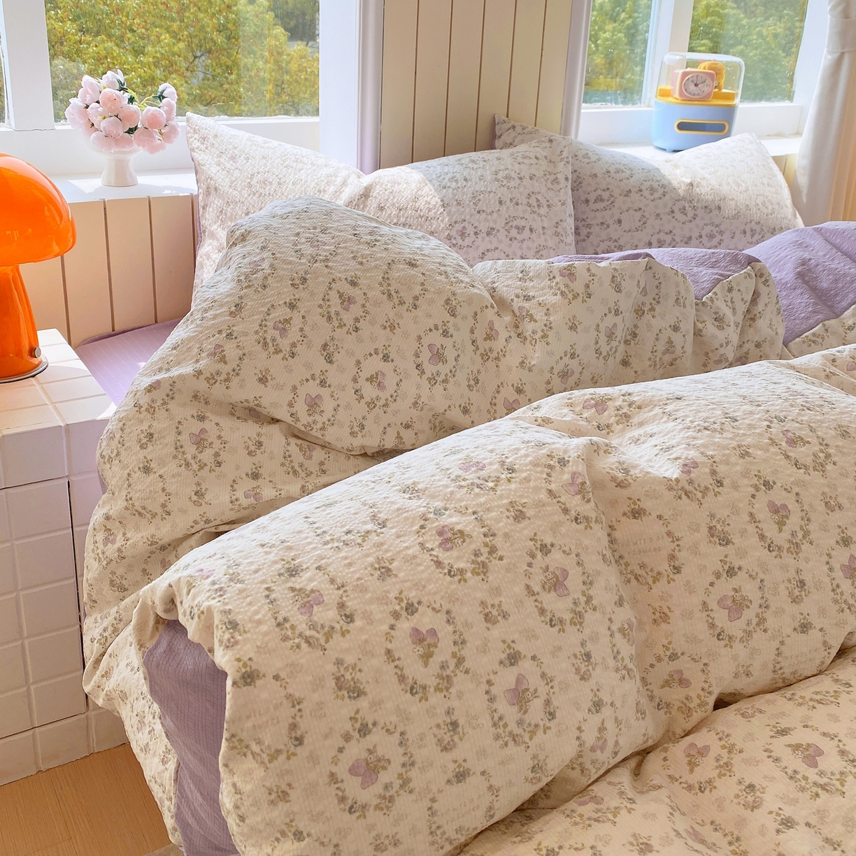 91家纺网 家纺一手货源 找家纺 爱橙家纺（原艾橙家纺） 2026春夏新款A类高品质110克超柔泡芙纱四件套 素雅柔情