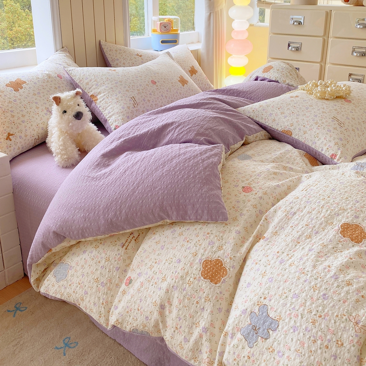 91家纺网 家纺一手货源 找家纺 爱橙家纺（原艾橙家纺） 2026春夏新款A类高品质110克超柔泡芙纱四件套 曲奇小熊