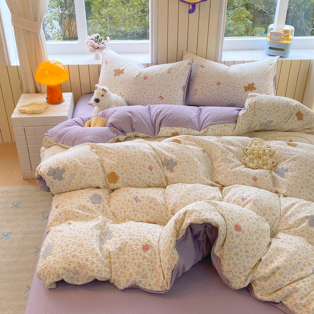 91家纺网 家纺一手货源 找家纺 爱橙家纺（原艾橙家纺） 2026春夏新款A类高品质110克超柔泡芙纱四件套 曲奇小熊