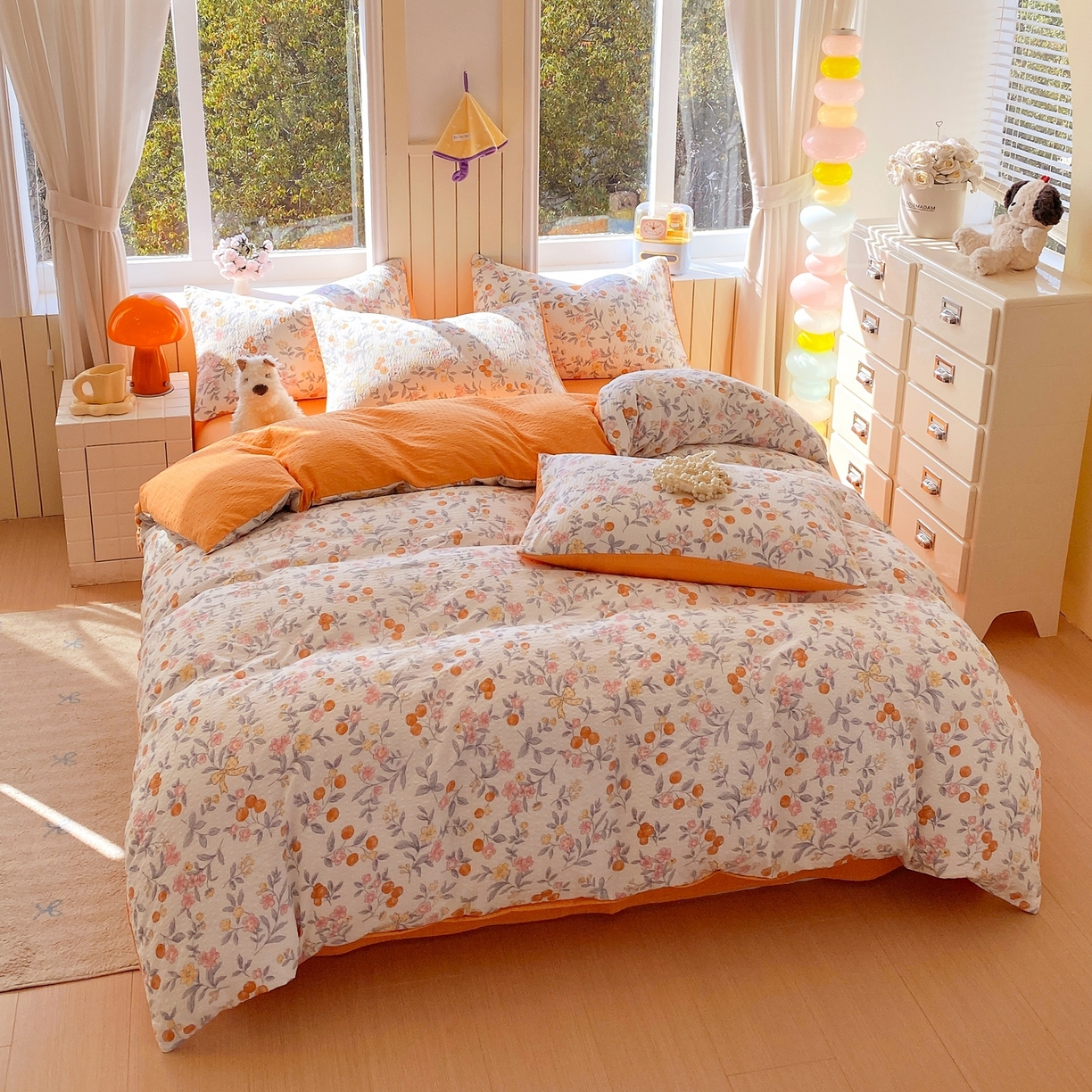 91家纺网 家纺一手货源 找家纺 爱橙家纺（原艾橙家纺） 2026春夏新款A类高品质110克超柔泡芙纱四件套 石榴花开