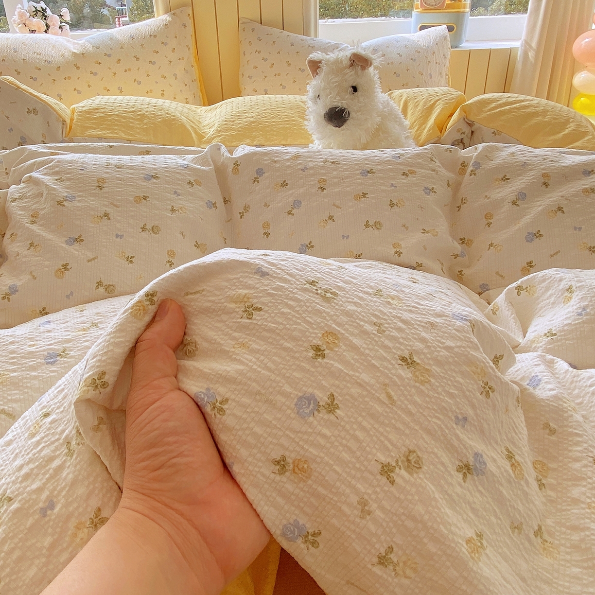 91家纺网 家纺一手货源 找家纺 爱橙家纺（原艾橙家纺） 2026春夏新款A类高品质110克超柔泡芙纱四件套 素锦织花