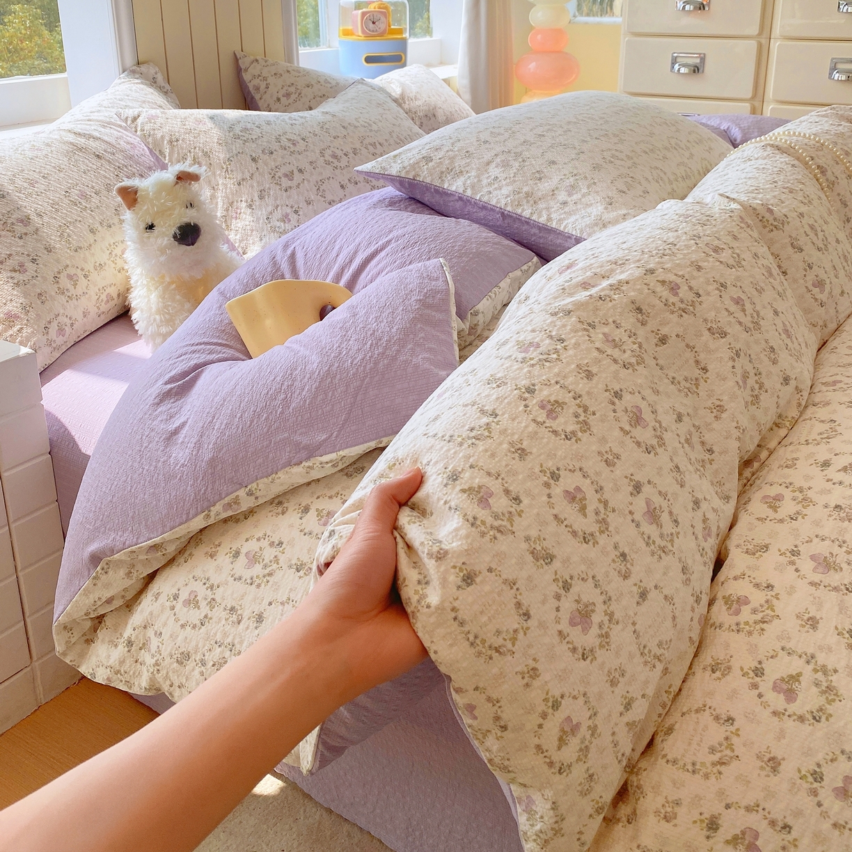 91家纺网 家纺一手货源 找家纺 爱橙家纺（原艾橙家纺） 2026春夏新款A类高品质110克超柔泡芙纱四件套 素雅柔情