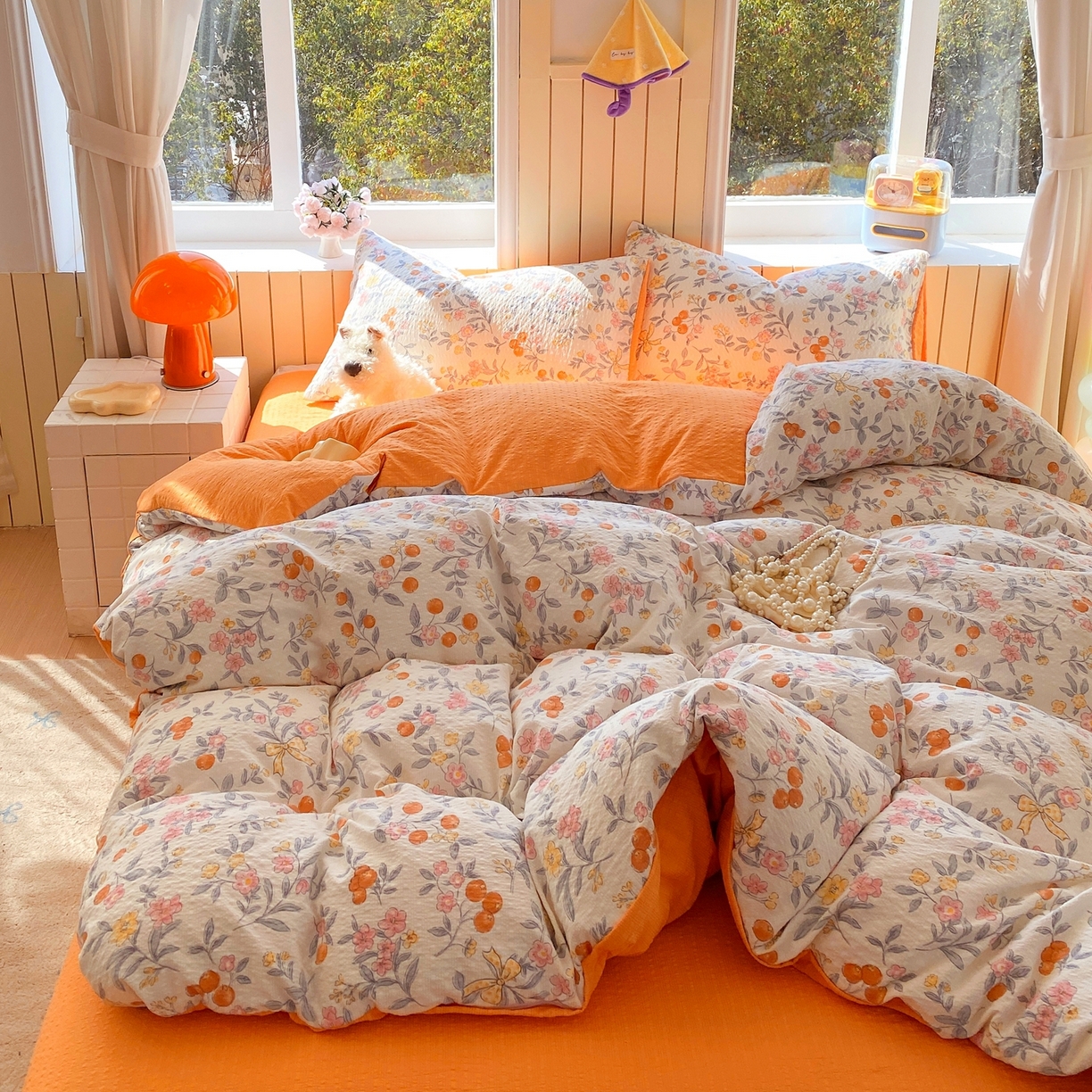 91家纺网 家纺一手货源 找家纺 爱橙家纺（原艾橙家纺） 2026春夏新款A类高品质110克超柔泡芙纱四件套 石榴花开