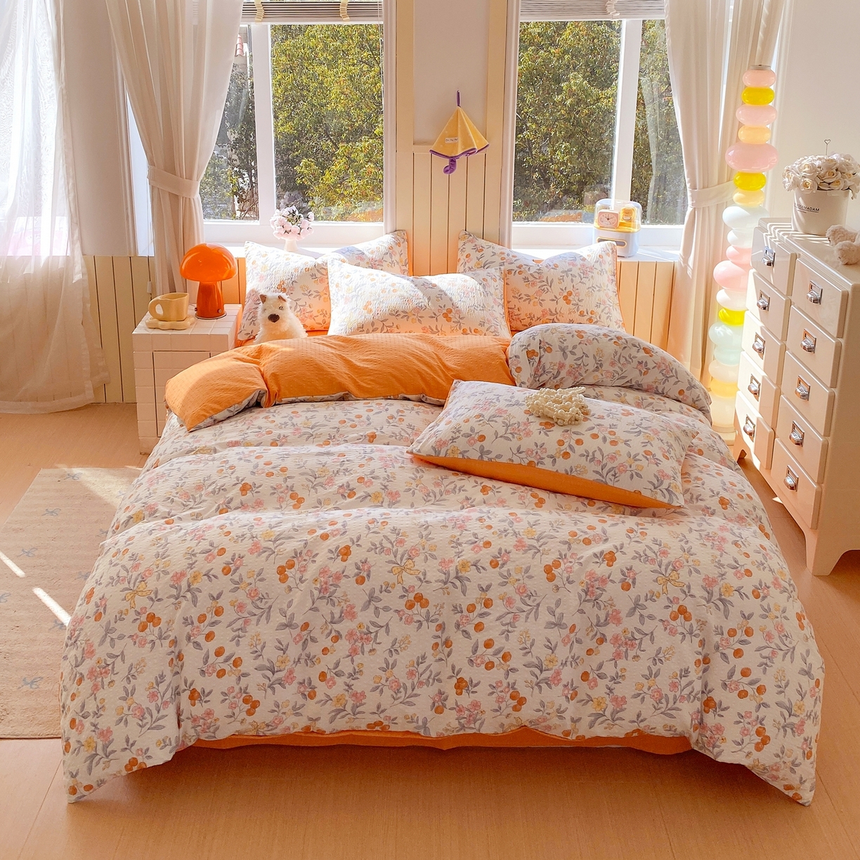 91家纺网 家纺一手货源 找家纺 爱橙家纺（原艾橙家纺） 2026春夏新款A类高品质110克超柔泡芙纱四件套 石榴花开