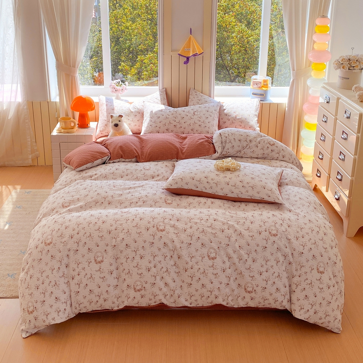 91家纺网 家纺一手货源 找家纺 爱橙家纺（原艾橙家纺） 2026春夏新款A类高品质110克超柔泡芙纱四件套 粟花信笺