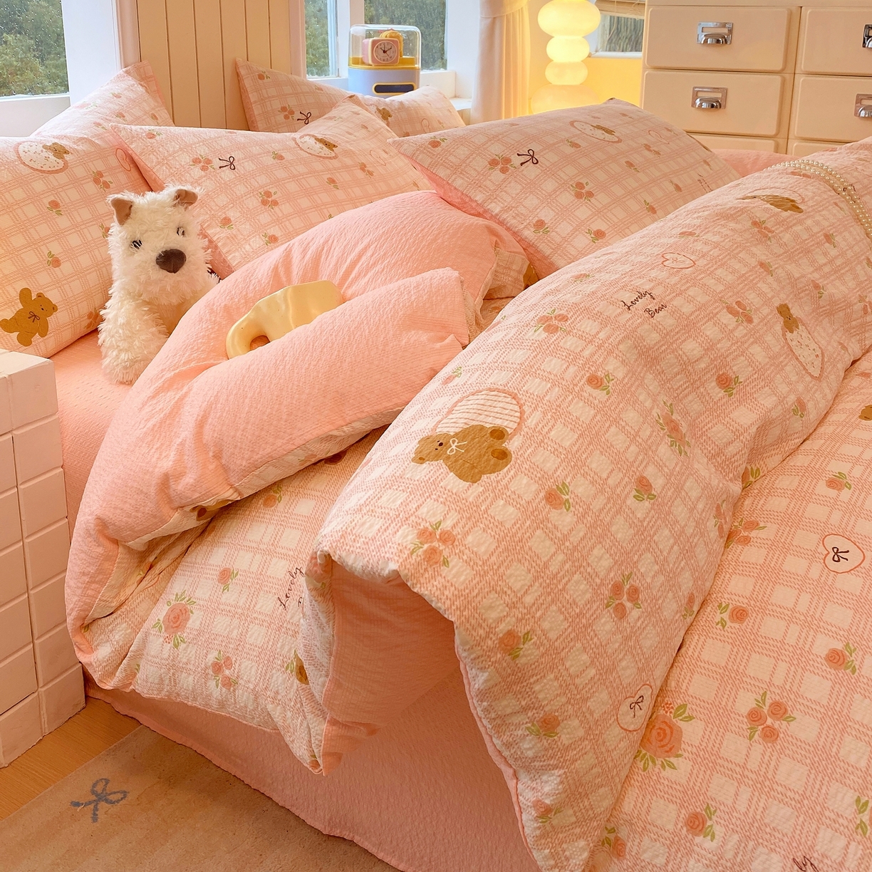 爱橙家纺（原艾橙家纺） 2026春夏新款A类高品质110克超柔泡芙纱四件套 玫瑰小熊