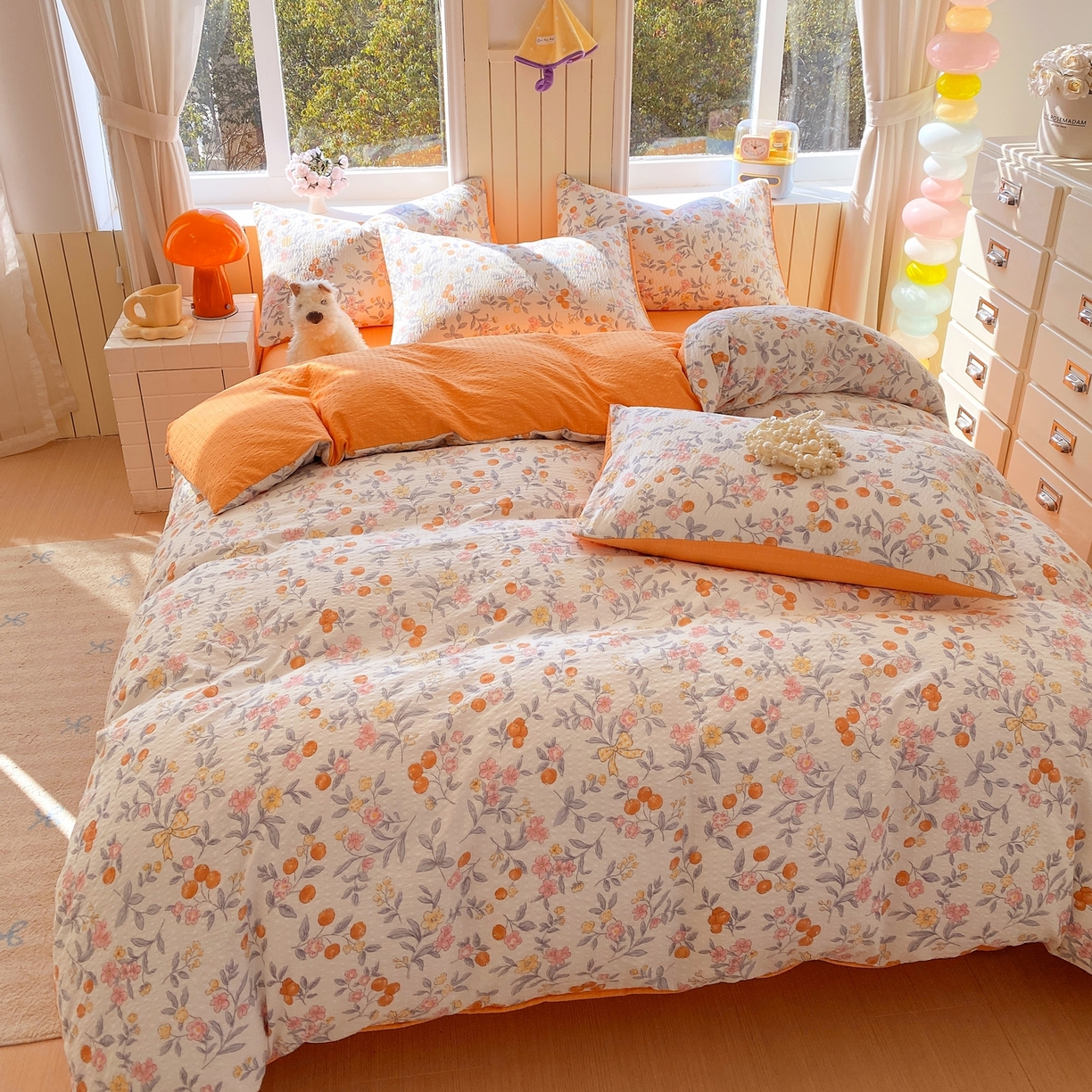 91家纺网 家纺一手货源 找家纺 爱橙家纺（原艾橙家纺） 2026春夏新款A类高品质110克超柔泡芙纱四件套 石榴花开