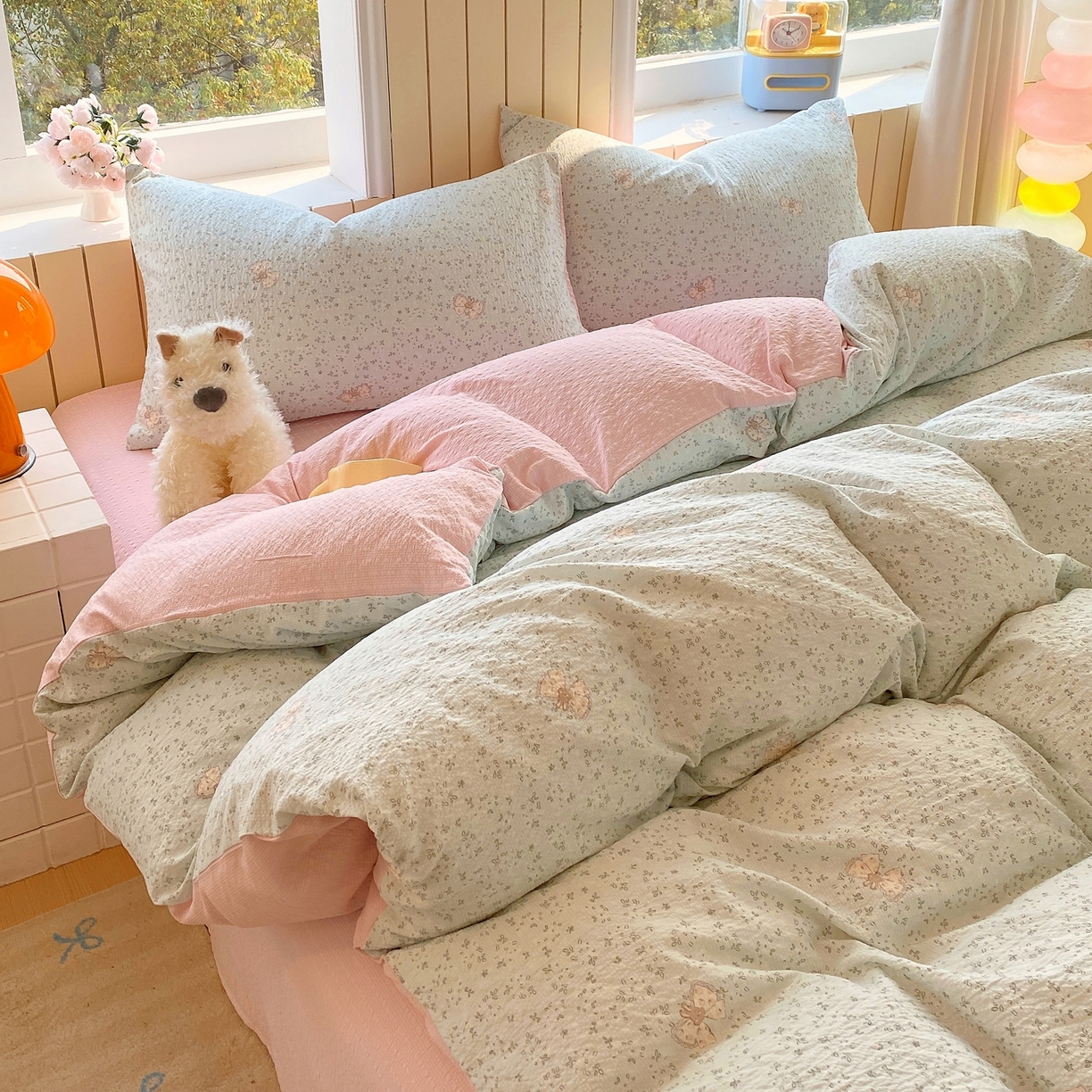 91家纺网 家纺一手货源 找家纺 爱橙家纺（原艾橙家纺） 2026春夏新款A类高品质110克超柔泡芙纱四件套 兔小妹