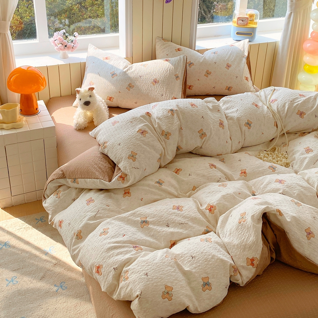 91家纺网 家纺一手货源 找家纺 爱橙家纺（原艾橙家纺） 2026春夏新款A类高品质110克超柔泡芙纱四件套 云朵熊