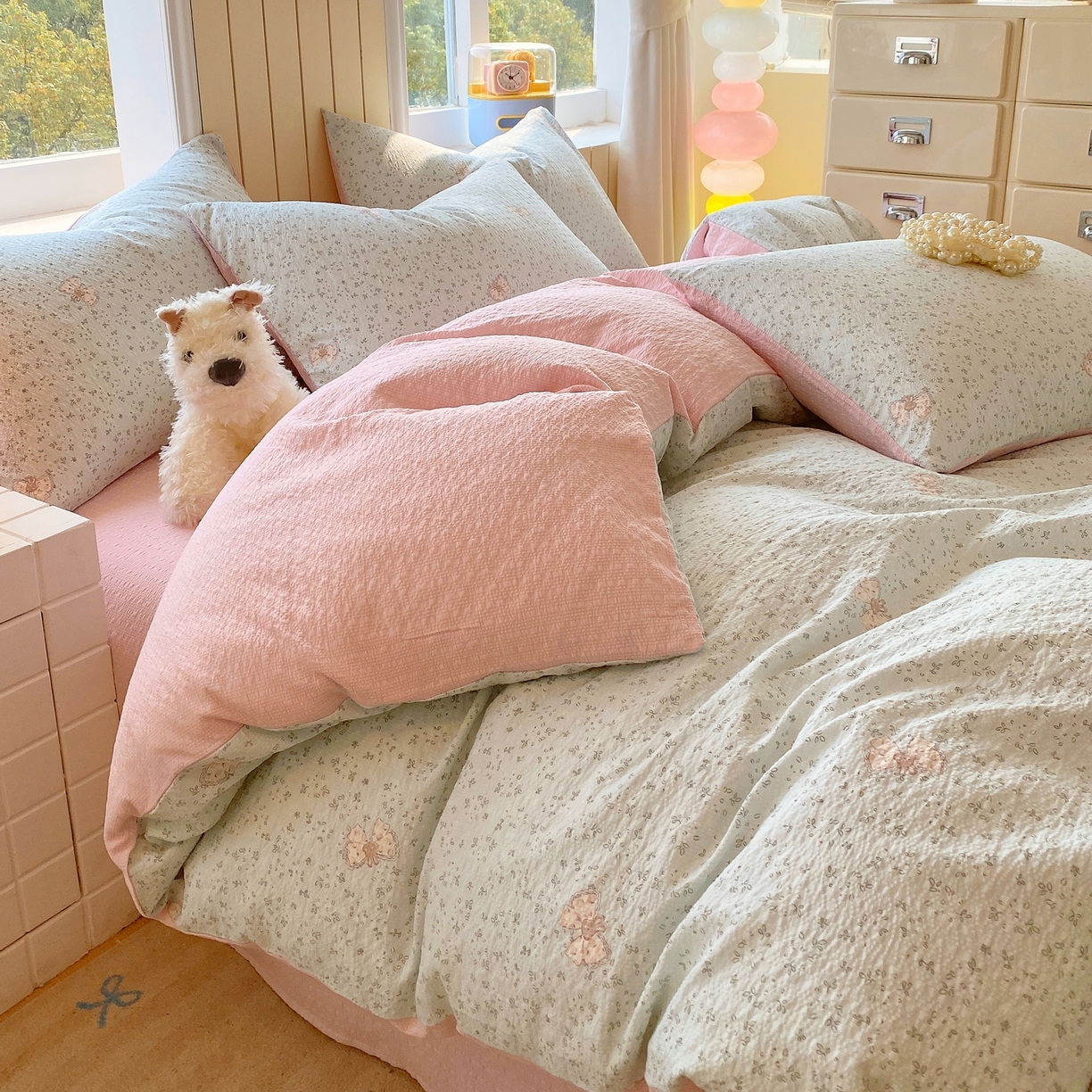 91家纺网 家纺一手货源 找家纺 爱橙家纺（原艾橙家纺） 2026春夏新款A类高品质110克超柔泡芙纱四件套 兔小妹