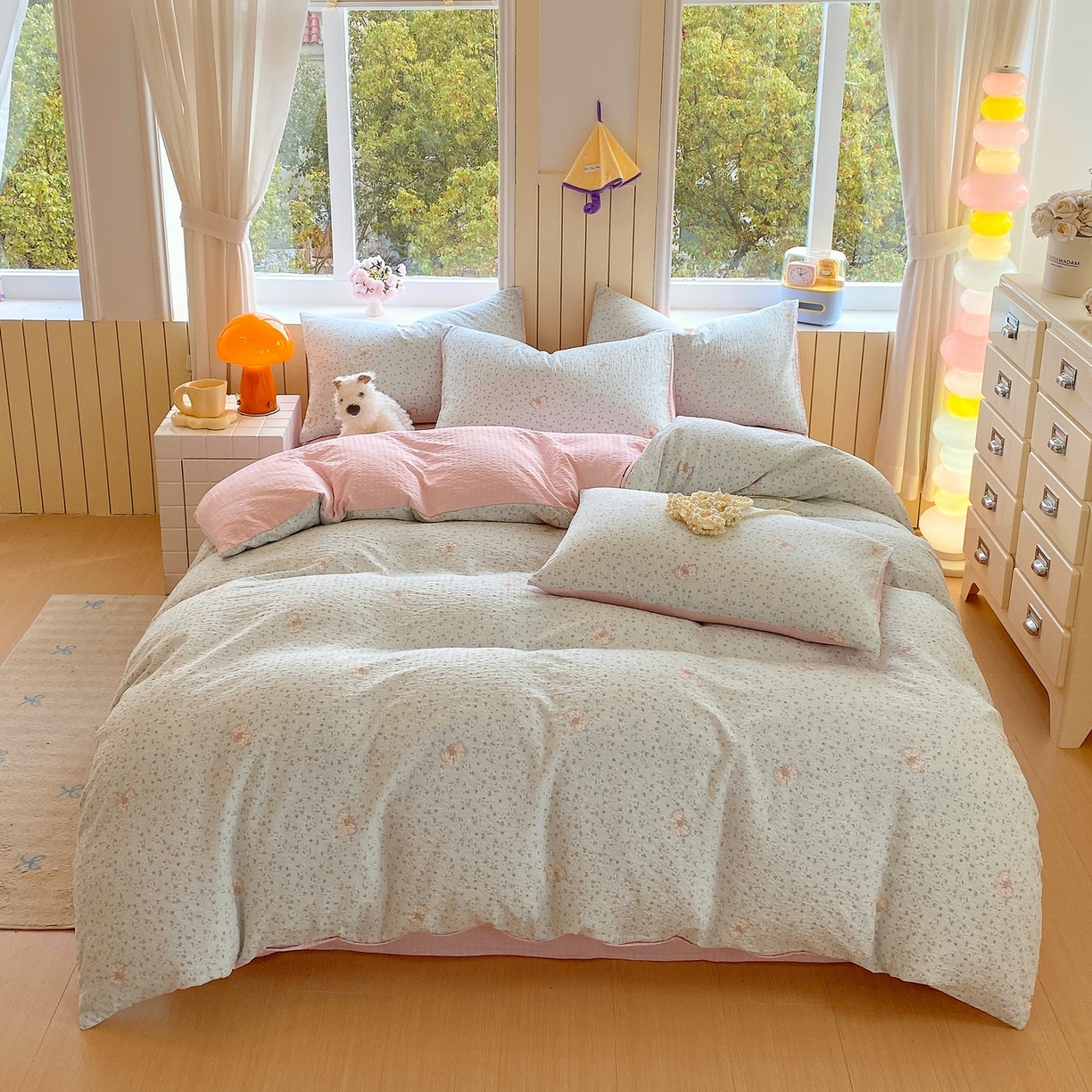 91家纺网 家纺一手货源 找家纺 爱橙家纺（原艾橙家纺） 2026春夏新款A类高品质110克超柔泡芙纱四件套 兔小妹