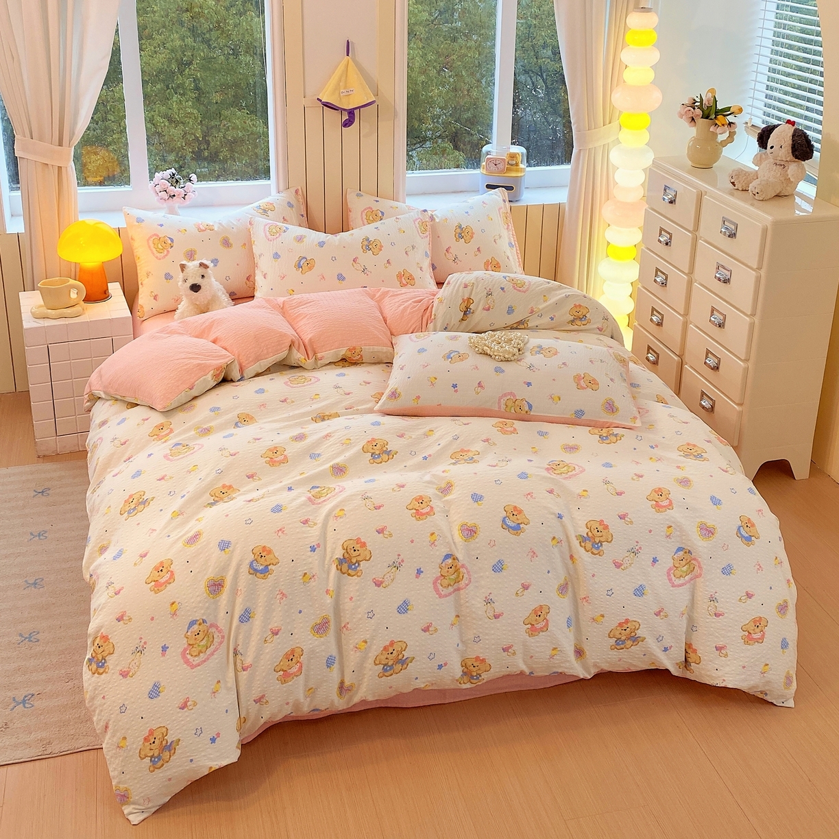 91家纺网 家纺一手货源 找家纺 爱橙家纺（原艾橙家纺） 2026春夏新款A类高品质110克超柔泡芙纱四件套 萝莉小狗