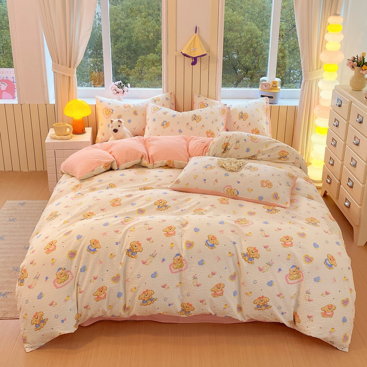 91家纺网 家纺一手货源 找家纺 爱橙家纺（原艾橙家纺） 2026春夏新款A类高品质110克超柔泡芙纱四件套 萝莉小狗