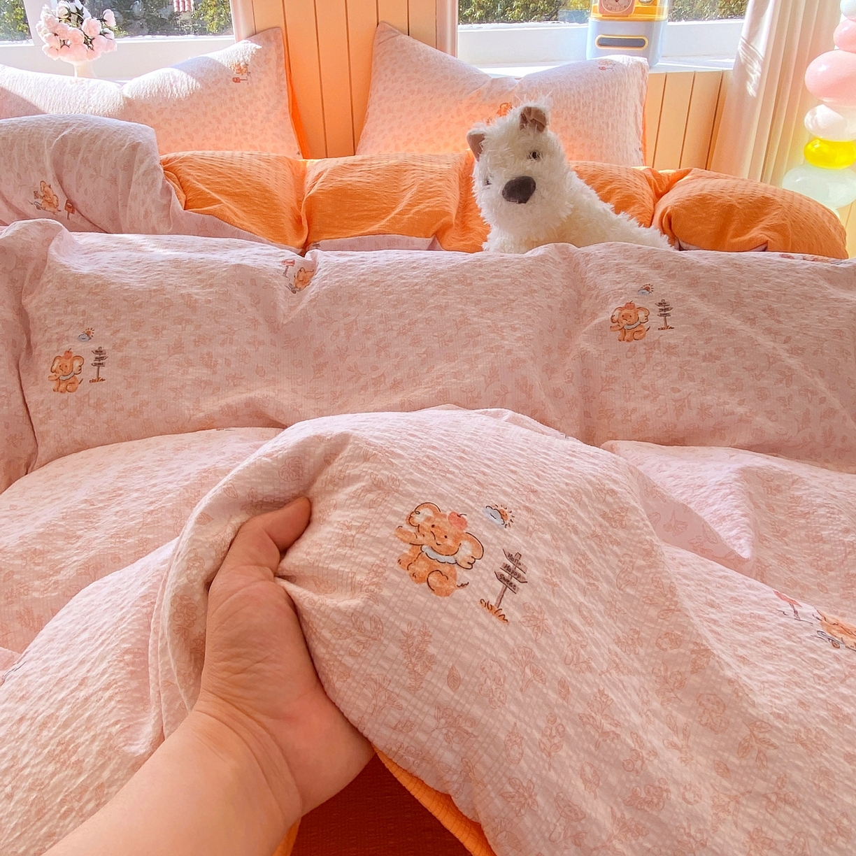 91家纺网 家纺一手货源 找家纺 爱橙家纺（原艾橙家纺） 2026春夏新款A类高品质110克超柔泡芙纱四件套 吉象