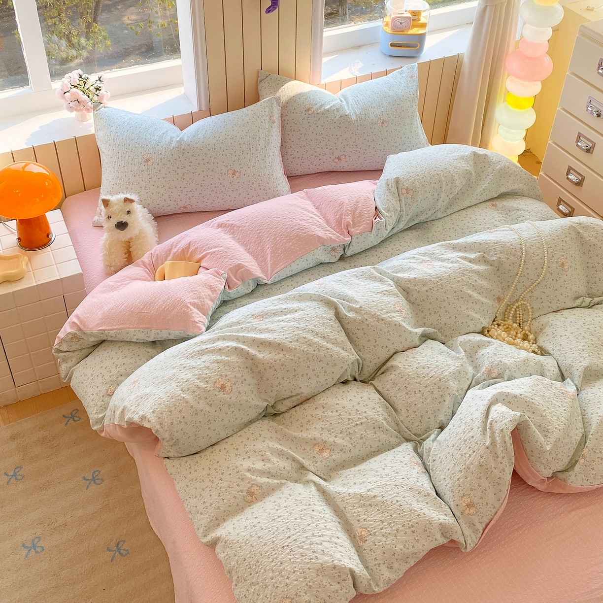 91家纺网 家纺一手货源 找家纺 爱橙家纺（原艾橙家纺） 2026春夏新款A类高品质110克超柔泡芙纱四件套 兔小妹