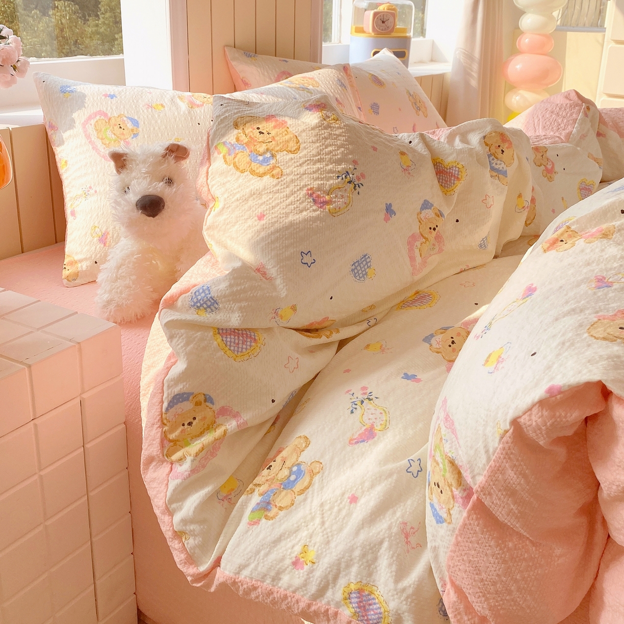 91家纺网 家纺一手货源 找家纺 爱橙家纺（原艾橙家纺） 2026春夏新款A类高品质110克超柔泡芙纱四件套 萝莉小狗