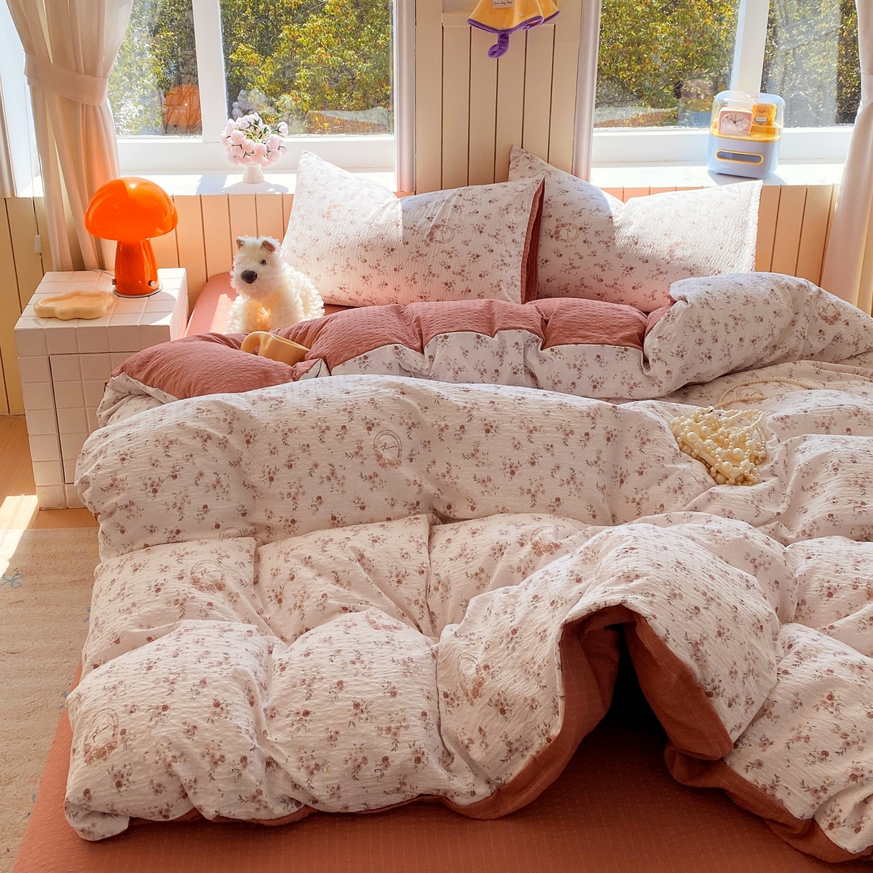 91家纺网 家纺一手货源 找家纺 爱橙家纺（原艾橙家纺） 2026春夏新款A类高品质110克超柔泡芙纱四件套 粟花信笺