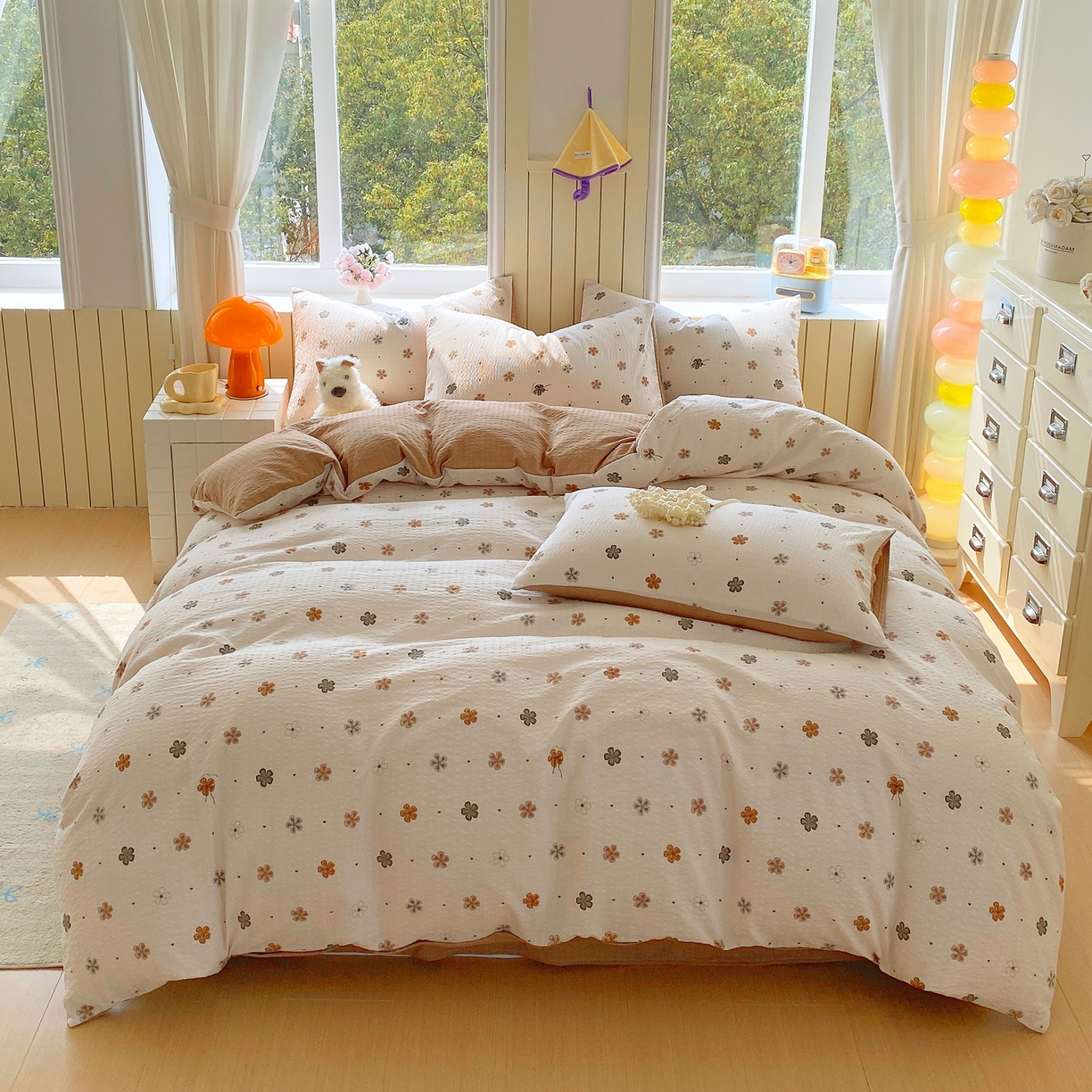 91家纺网 家纺一手货源 找家纺 爱橙家纺（原艾橙家纺） 2026春夏新款A类高品质110克超柔泡芙纱四件套 四叶草